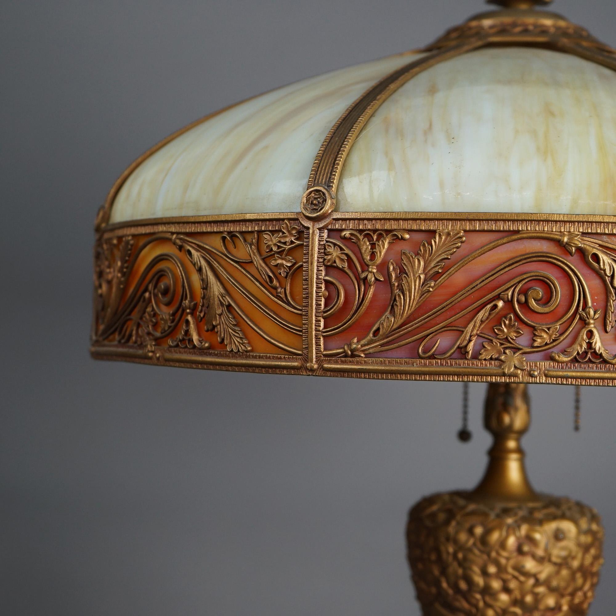 Antique Arts & Crafts (Art Nouveau) Royal Two-Tone Slag Glass Table Lamp C1920 In Good Condition In Big Flats, NY