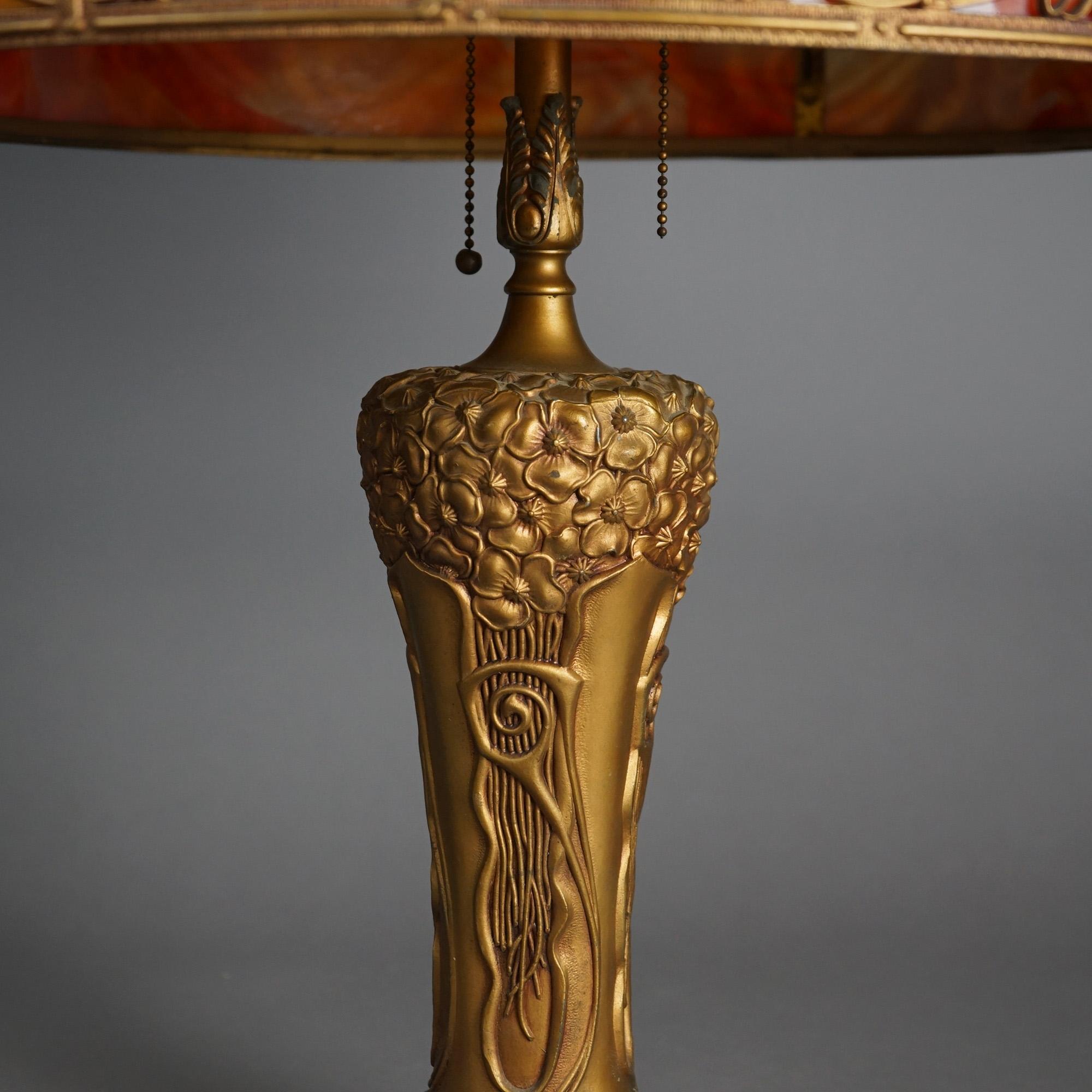 Metal Antique Arts & Crafts (Art Nouveau) Royal Two-Tone Slag Glass Table Lamp C1920