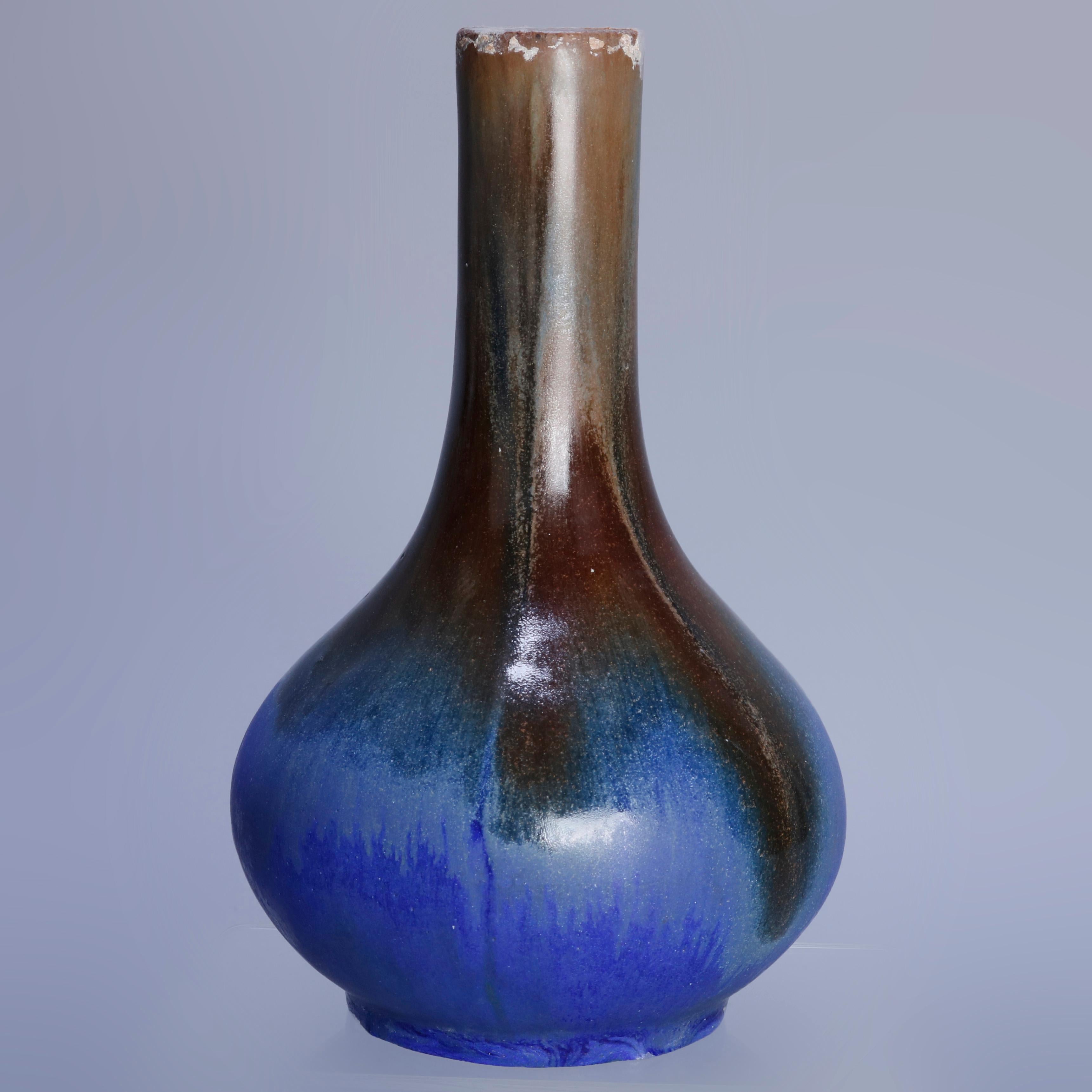 Glazed Antique Arts & Crafts Art Pottery Drip Glaze Bottle Vase by Fulper, circa 1920