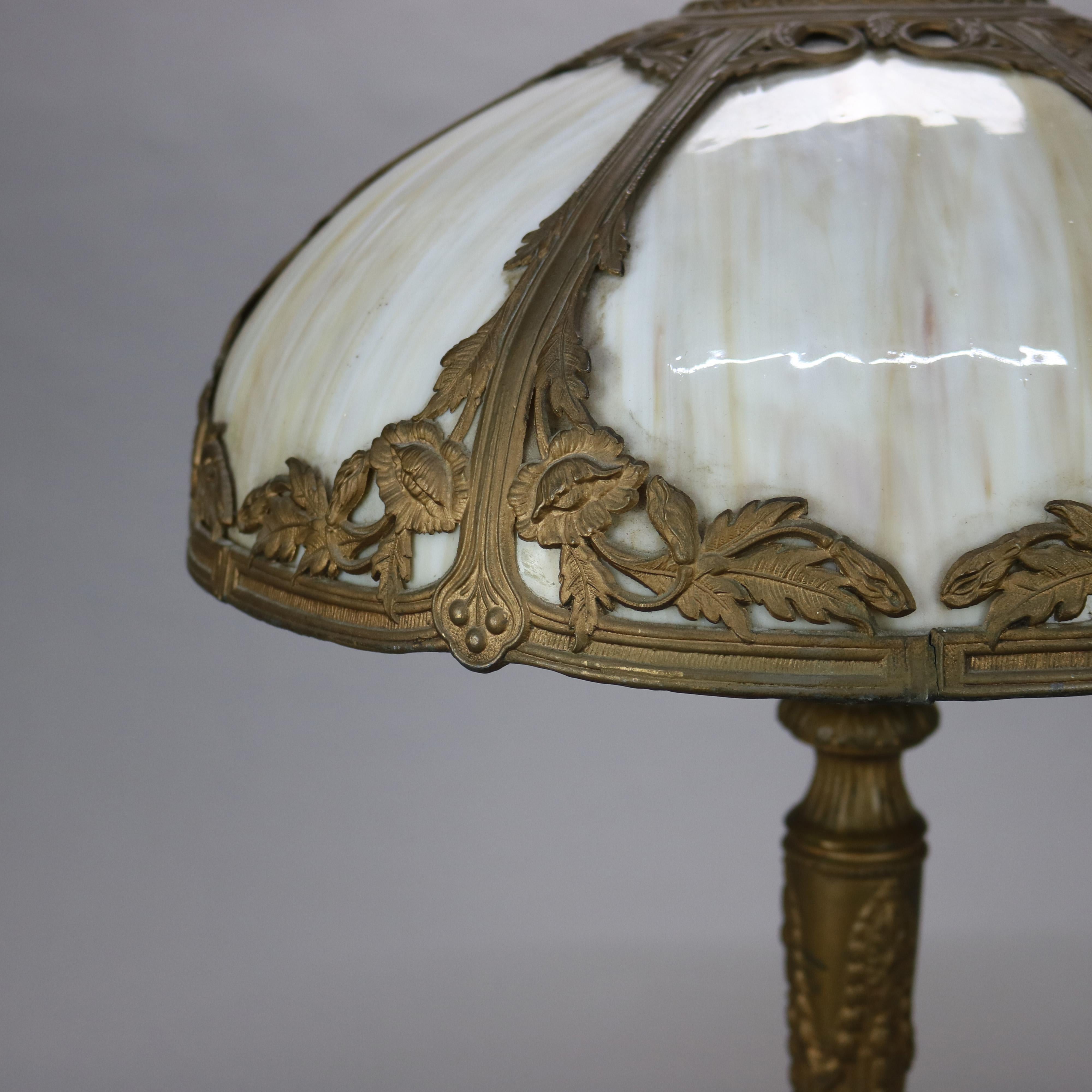 Antique Arts & Crafts Bent Slag Glass Table Lamp with Bronzed Single Socket Base C1920

Measures - 20 1/2