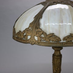 Antique Arts & Crafts Bent Slag Glass Table Lamp with Bronzed Base C1920