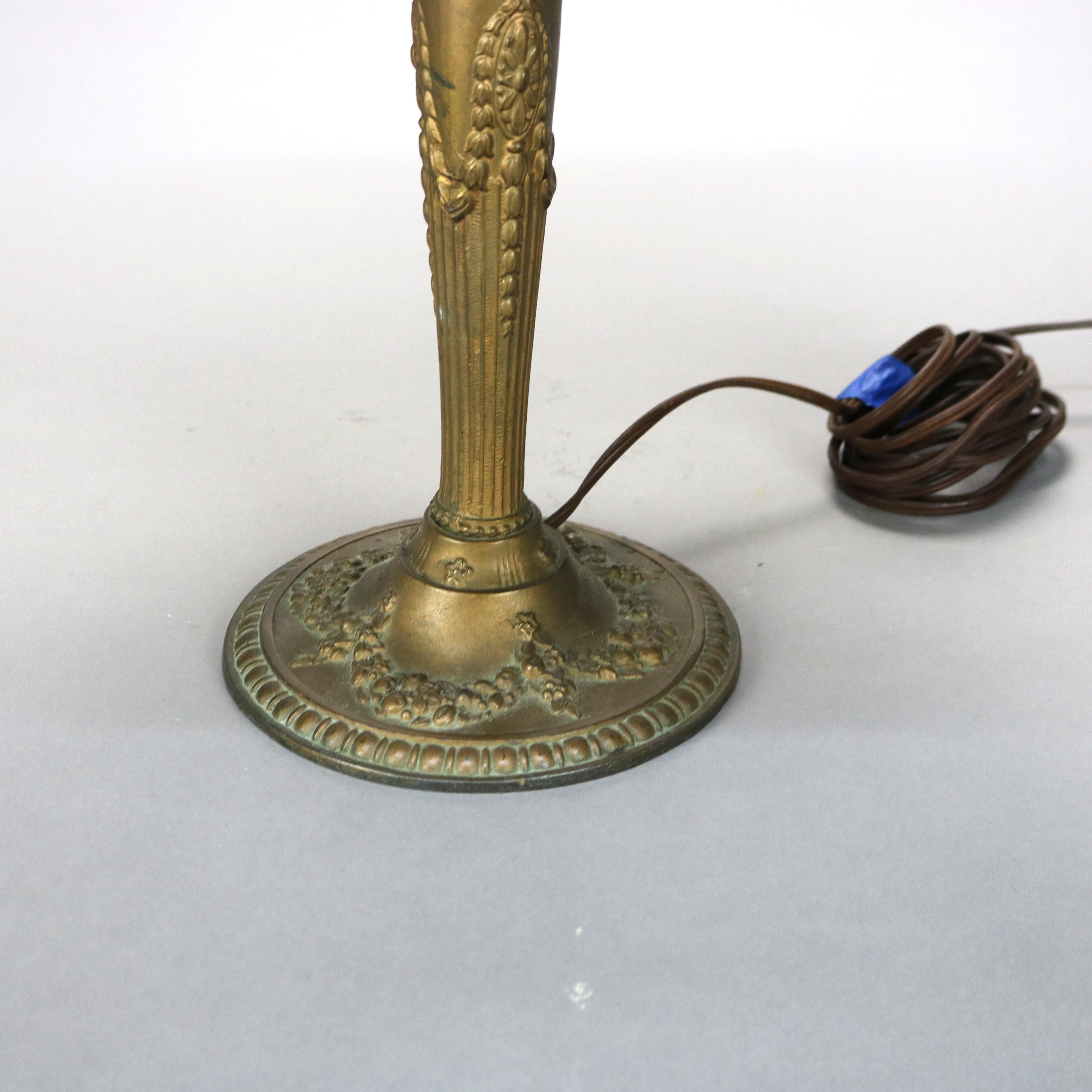 Antique Arts & Crafts Bent Slag Glass Table Lamp with Bronzed Base C1920 In Good Condition In Big Flats, NY