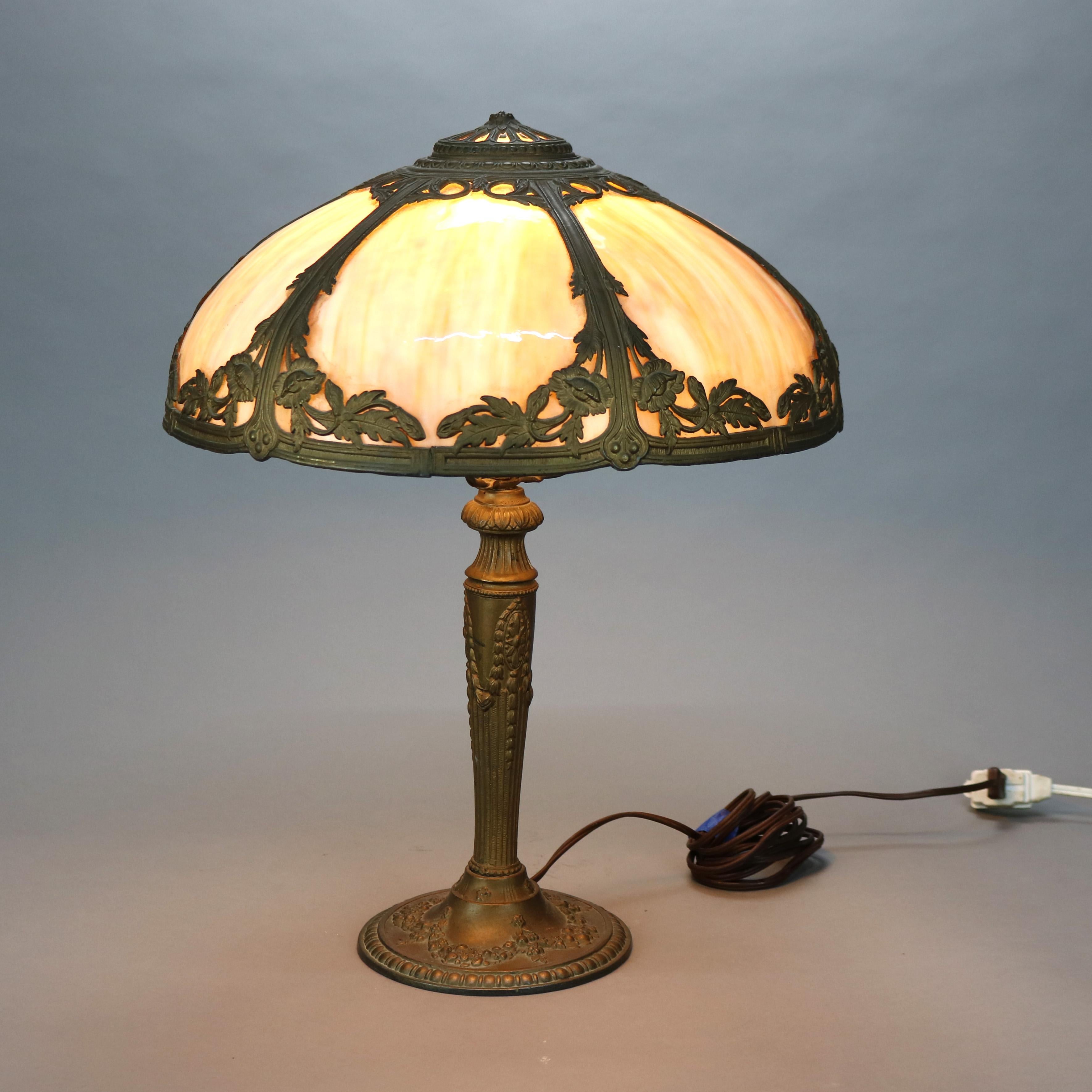Antique Arts & Crafts Bent Slag Glass Table Lamp with Bronzed Base C1920 1