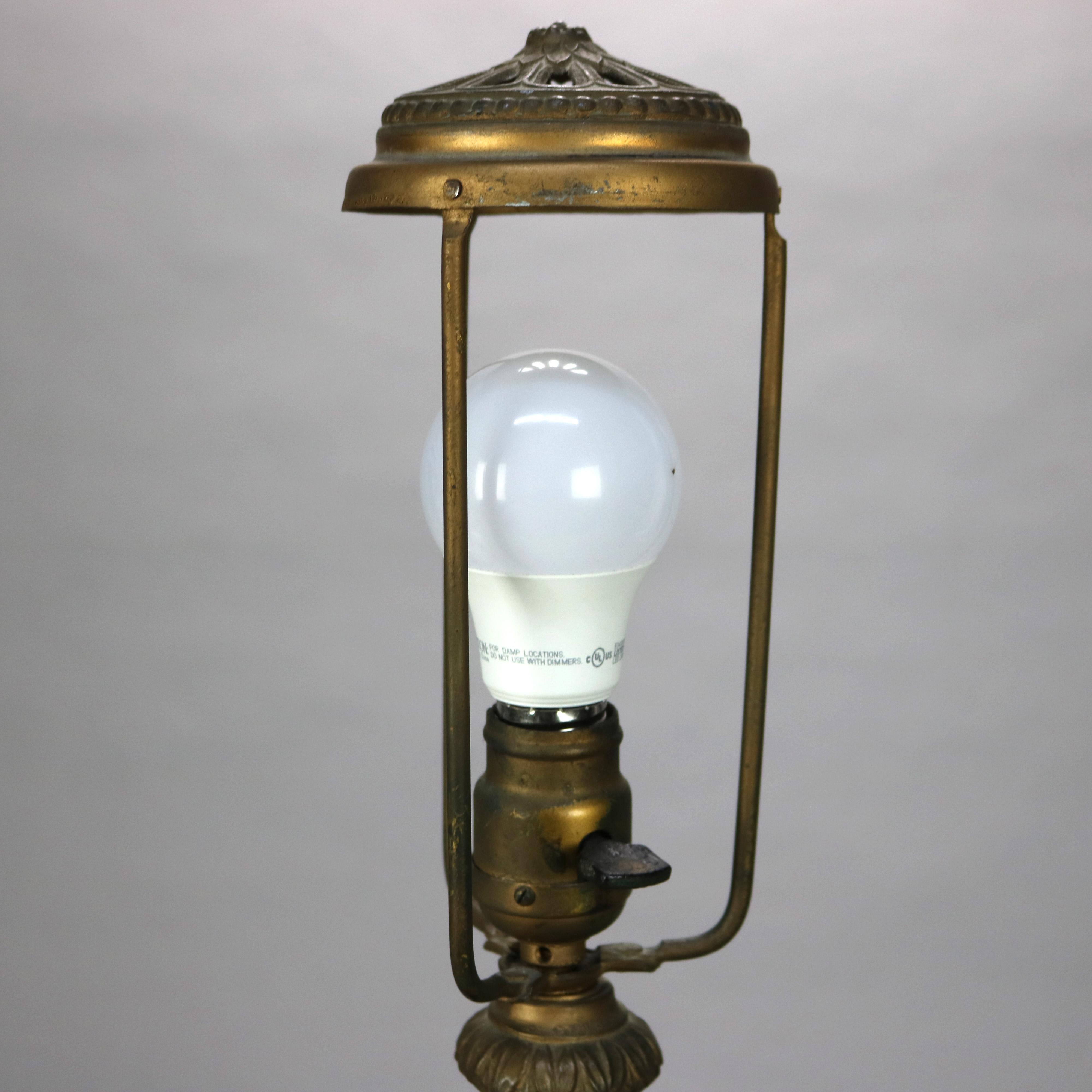 Antique Arts & Crafts Bent Slag Glass Table Lamp with Bronzed Base C1920 2
