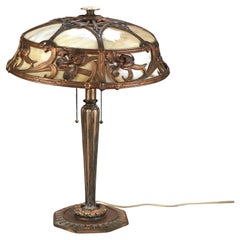 Antique Arts & Crafts Bent Slag Glass Table Lamp with Floral Shade C1920