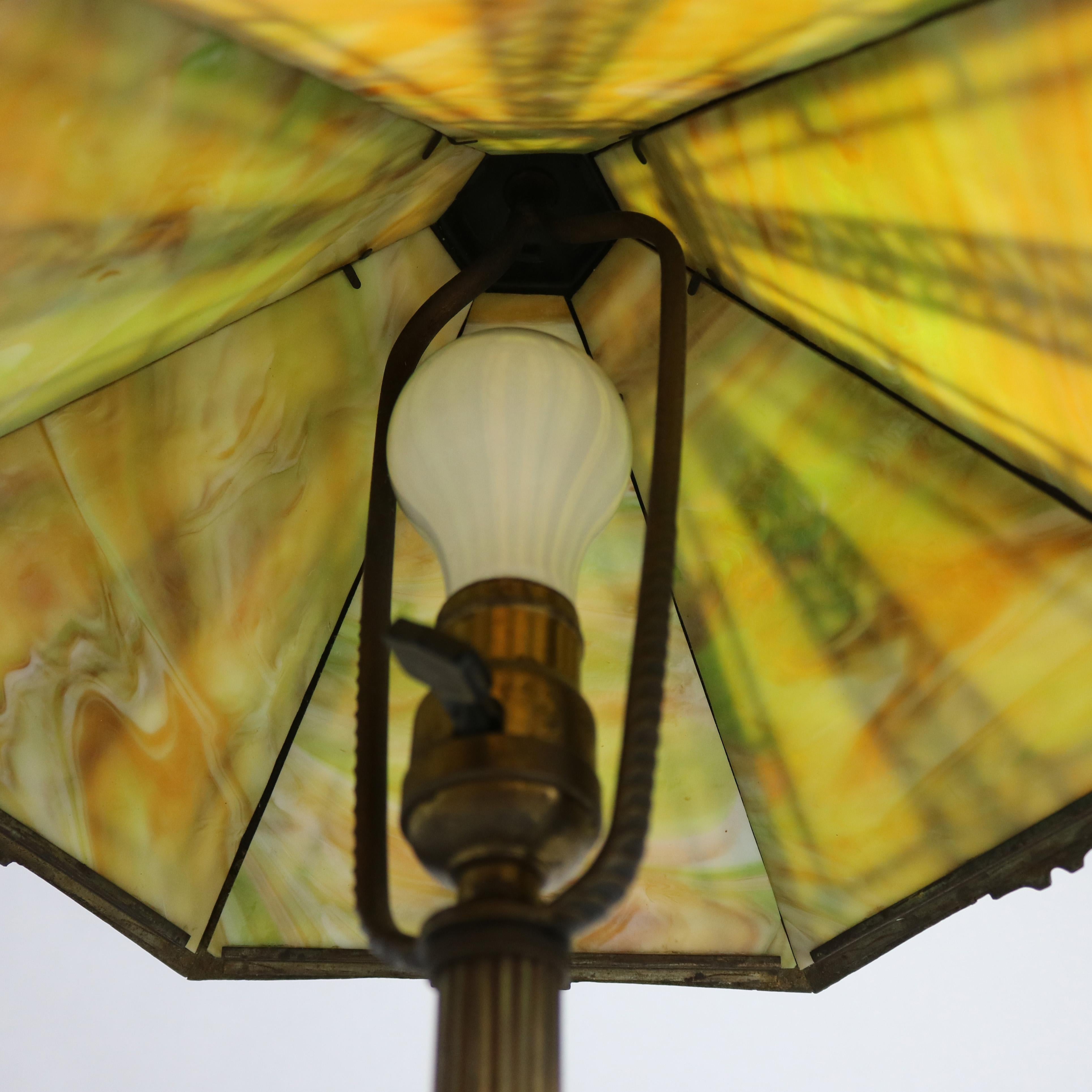 Antique Arts & Crafts Miller Paneled Slag Glass Table Lamp In Good Condition In Big Flats, NY