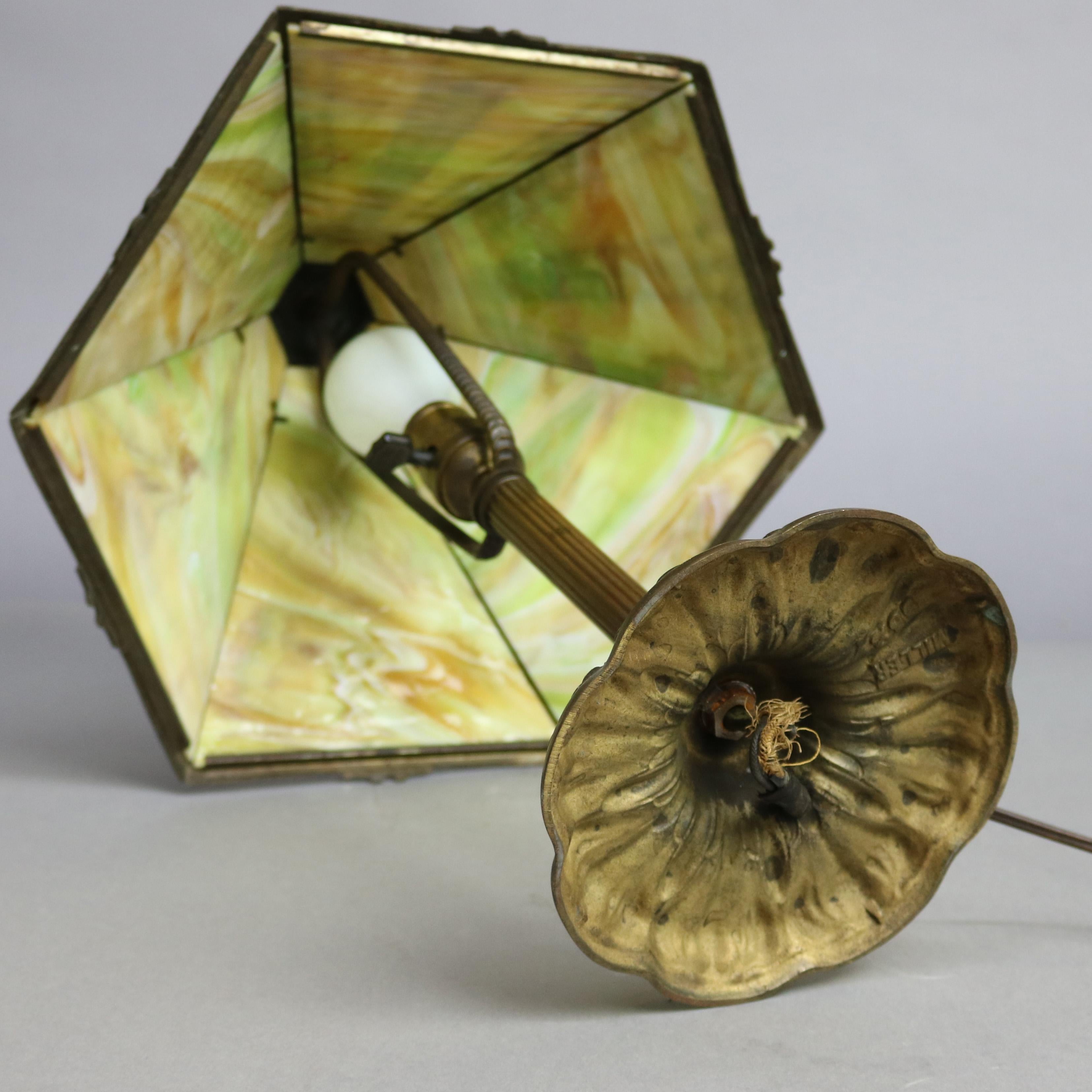 20th Century Antique Arts & Crafts Miller Paneled Slag Glass Table Lamp
