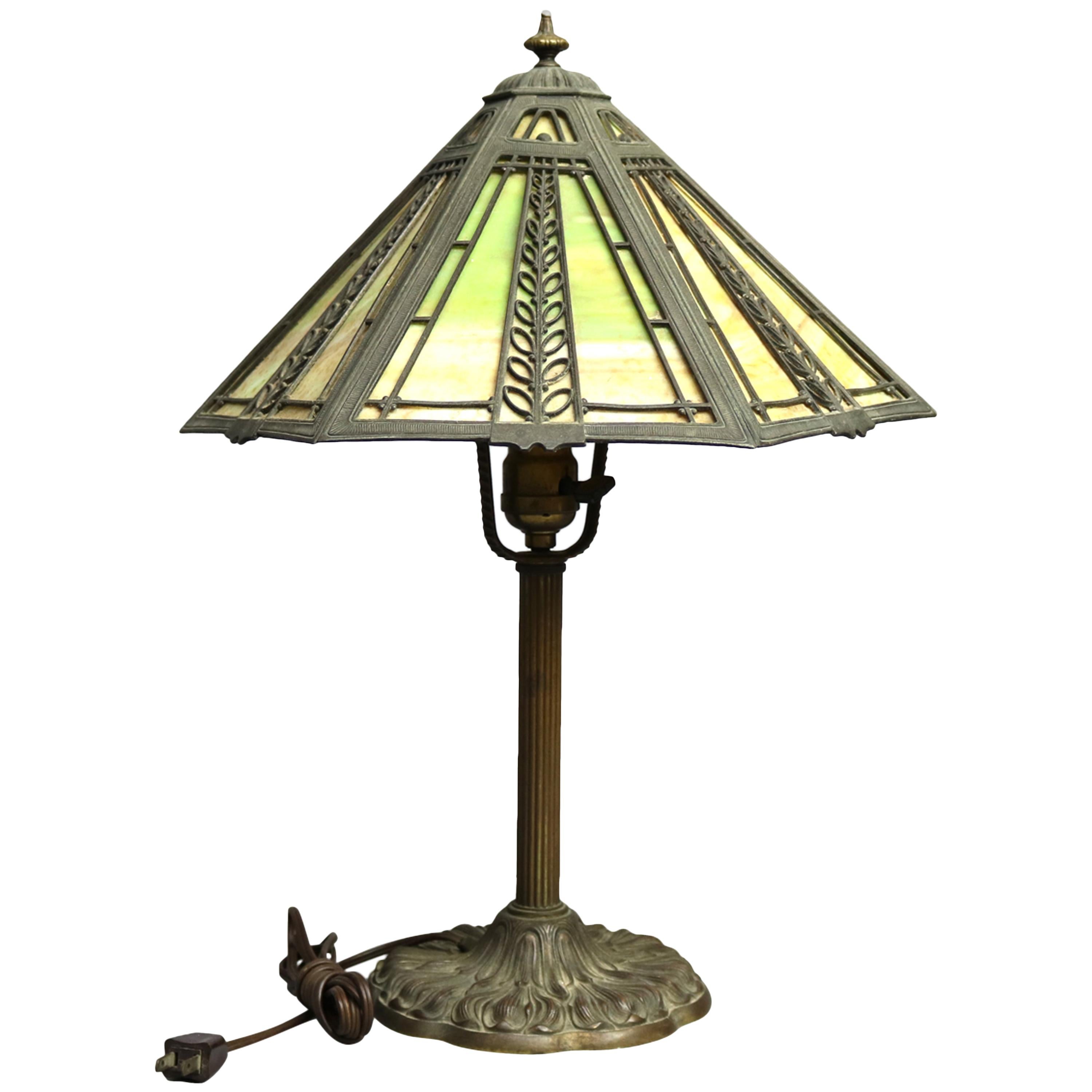 Antique Arts & Crafts Miller Paneled Slag Glass Table Lamp
