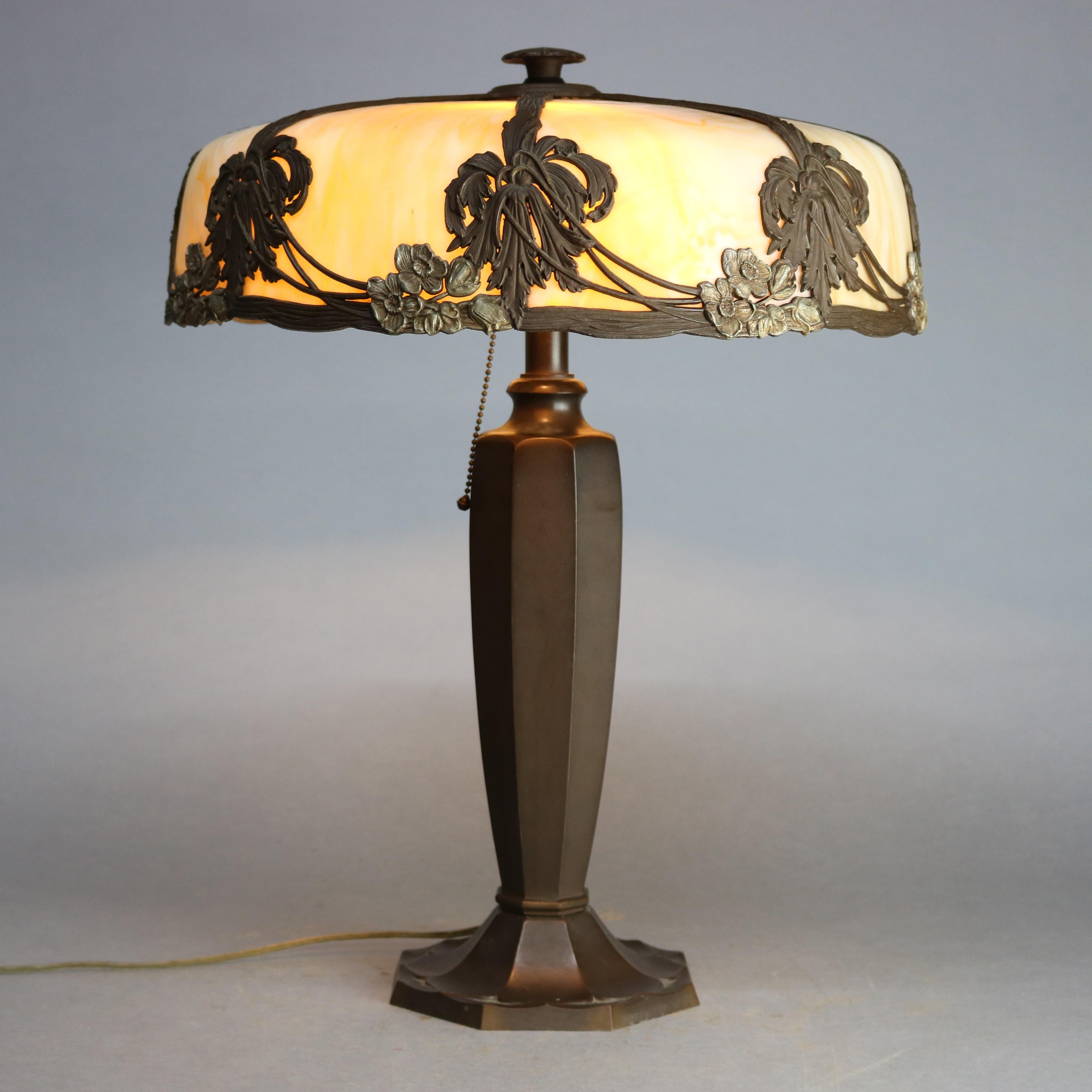 Arts and Crafts Antique Arts & Crafts Bradley & Hubbard Curved Slag Glass Table Lamp, circa 1920