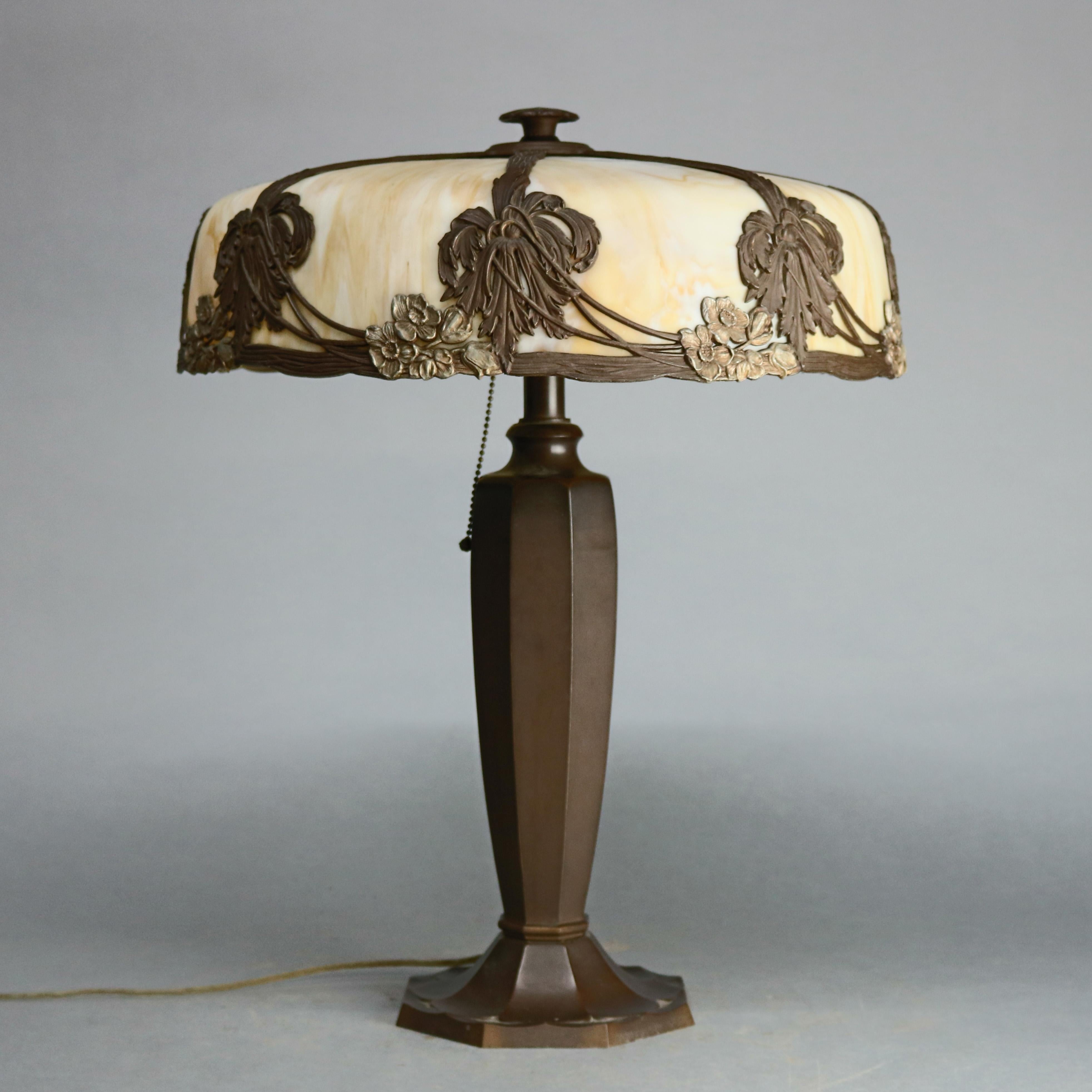 American Antique Arts & Crafts Bradley & Hubbard Curved Slag Glass Table Lamp, circa 1920