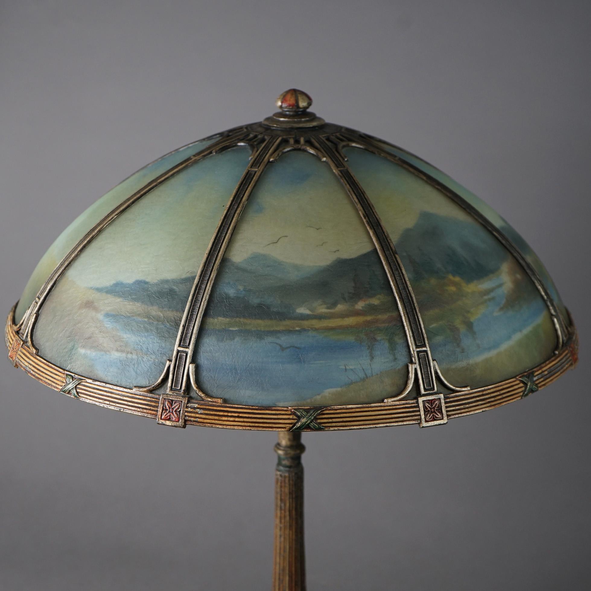 Antique Arts & Crafts Bradley & Hubbard Reverse Painted Panel Table Lamp c1920 6