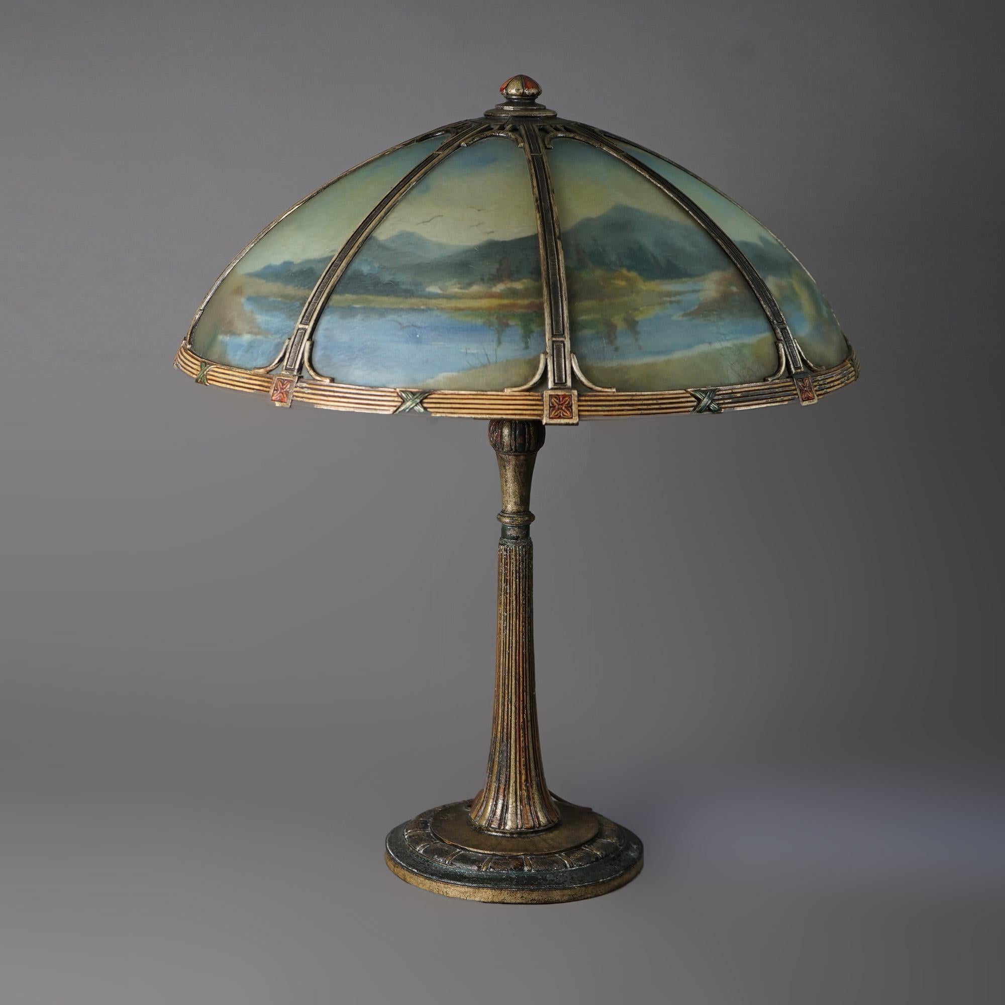 Arts and Crafts Antique Arts & Crafts Bradley & Hubbard Reverse Painted Panel Table Lamp c1920