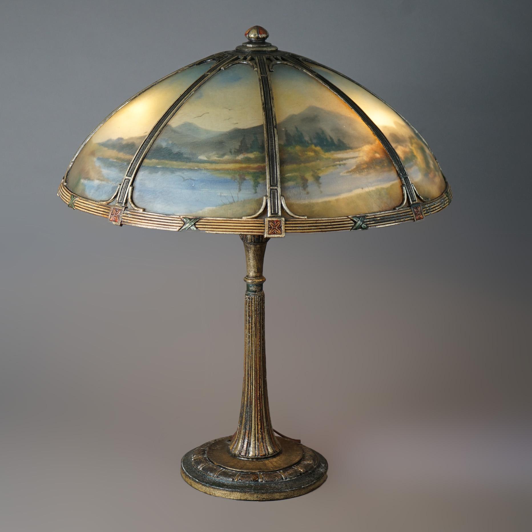 American Antique Arts & Crafts Bradley & Hubbard Reverse Painted Panel Table Lamp c1920