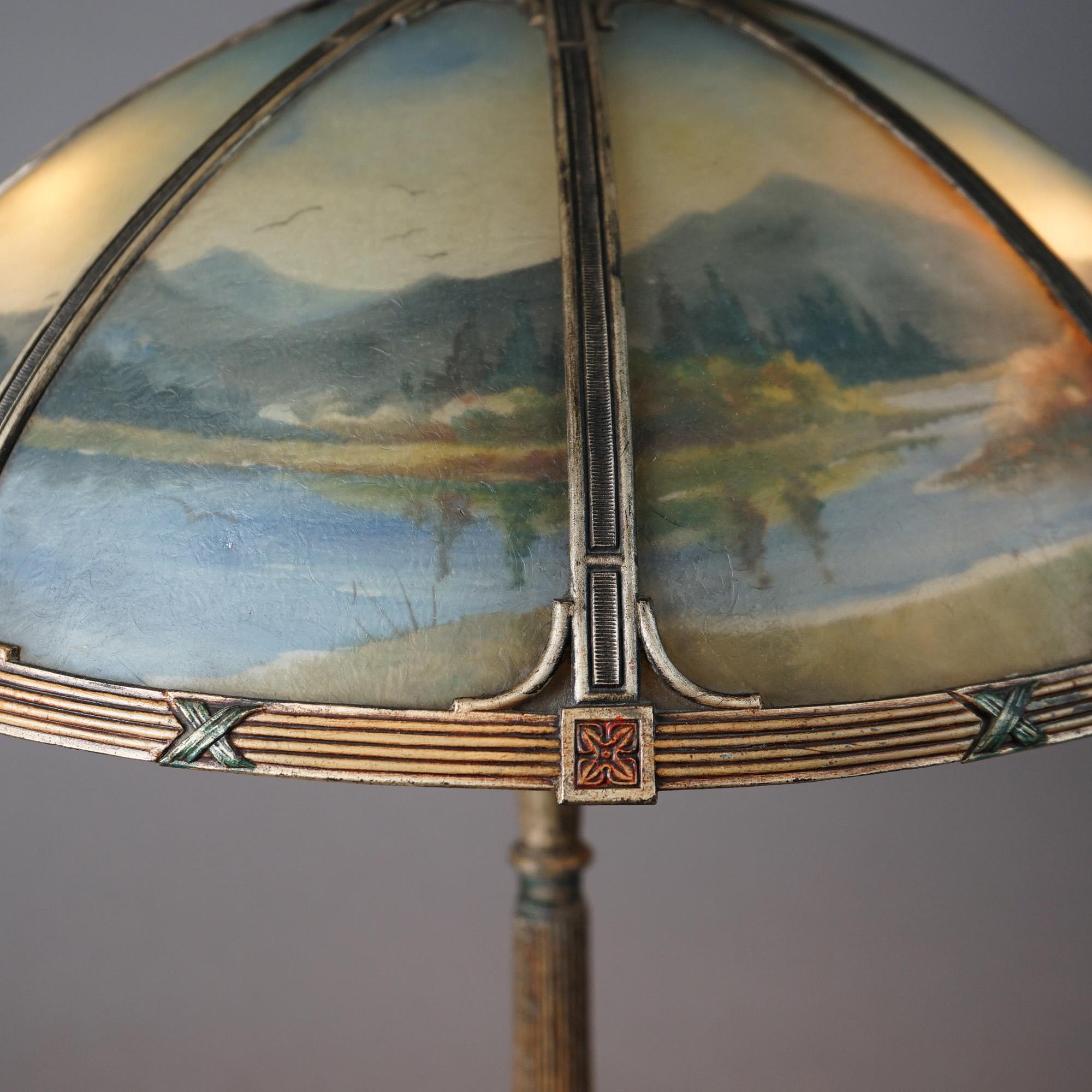 Antique Arts & Crafts Bradley & Hubbard Reverse Painted Panel Table Lamp c1920 In Good Condition In Big Flats, NY