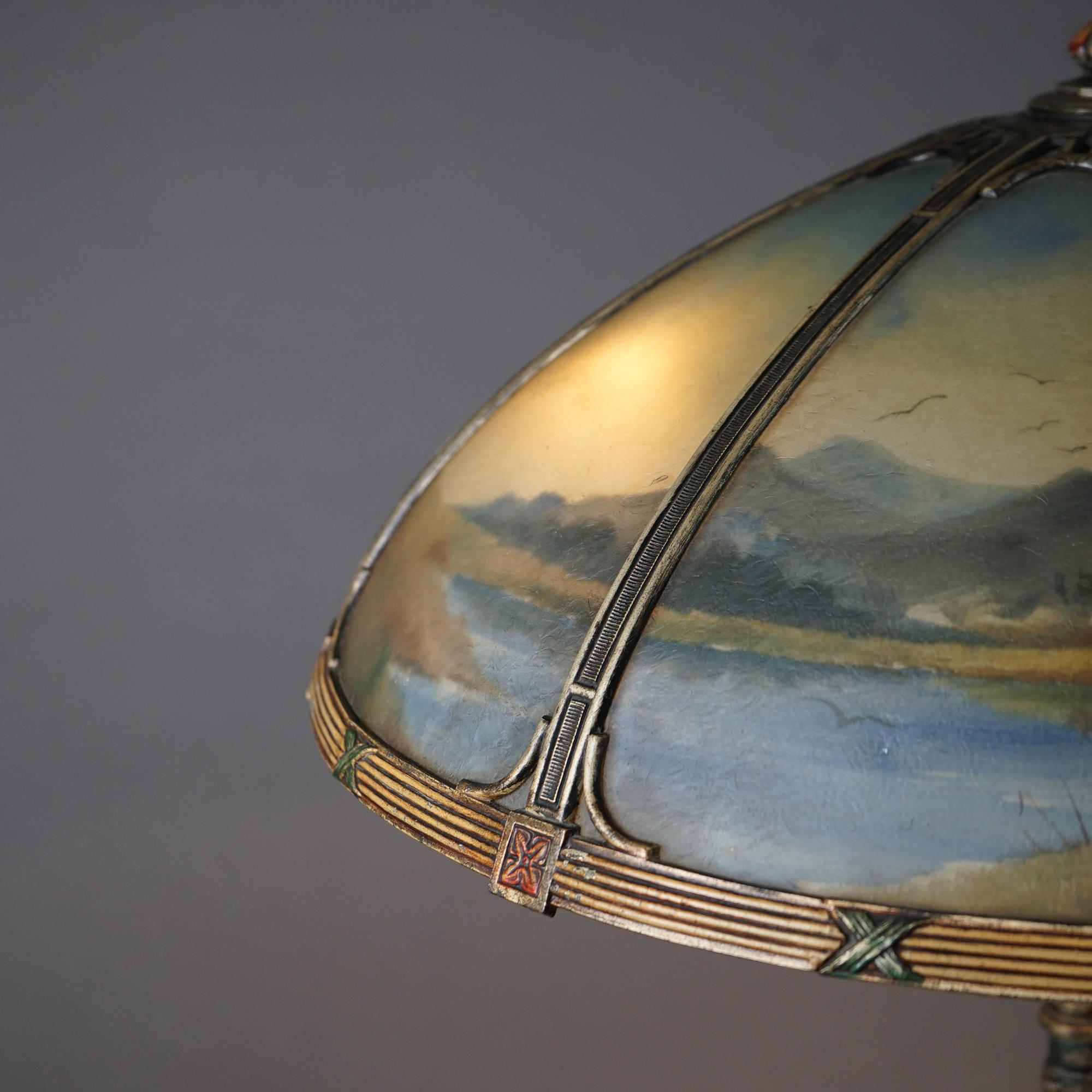 20th Century Antique Arts & Crafts Bradley & Hubbard Reverse Painted Panel Table Lamp c1920