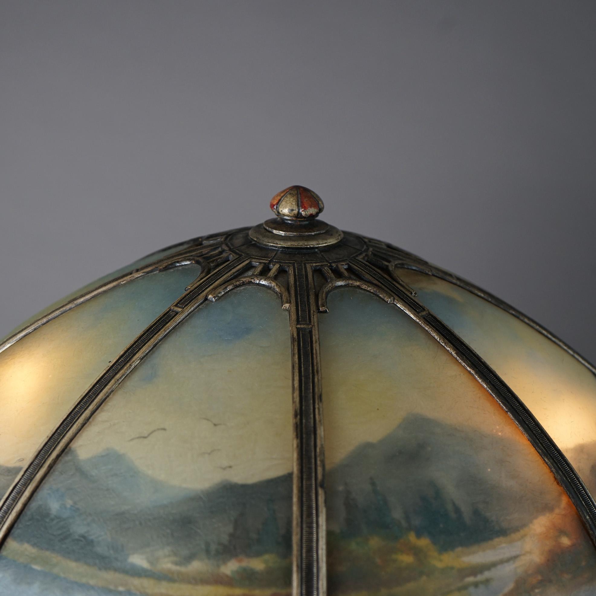 Metal Antique Arts & Crafts Bradley & Hubbard Reverse Painted Panel Table Lamp c1920