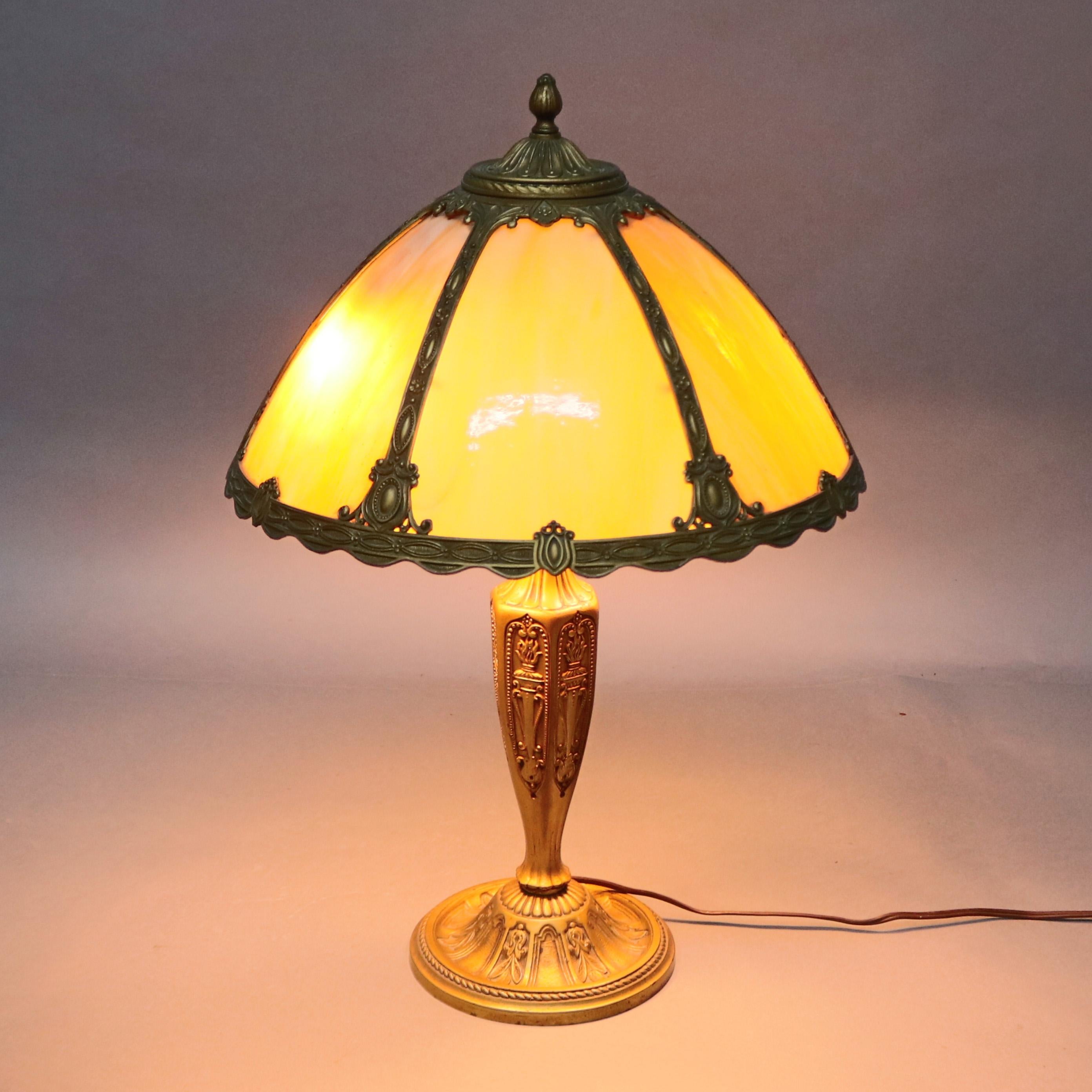 Cast Arts & Crafts Bradley & Hubbard School Bent Slag Glass Table Lamp, circa 1920