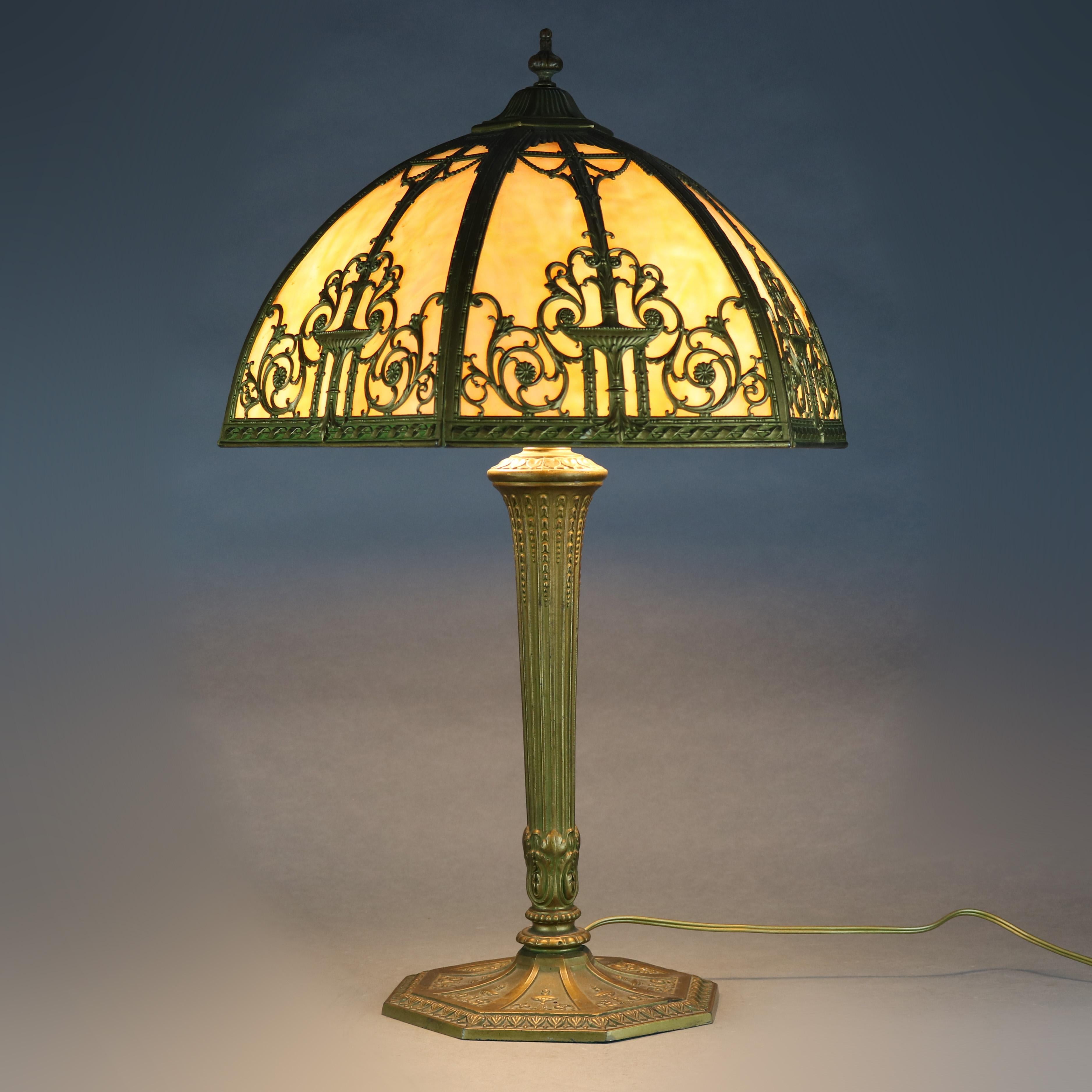 Cast Antique Arts & Crafts Bradley & Hubbard School Filigree Slag Glass Lamp, c1910