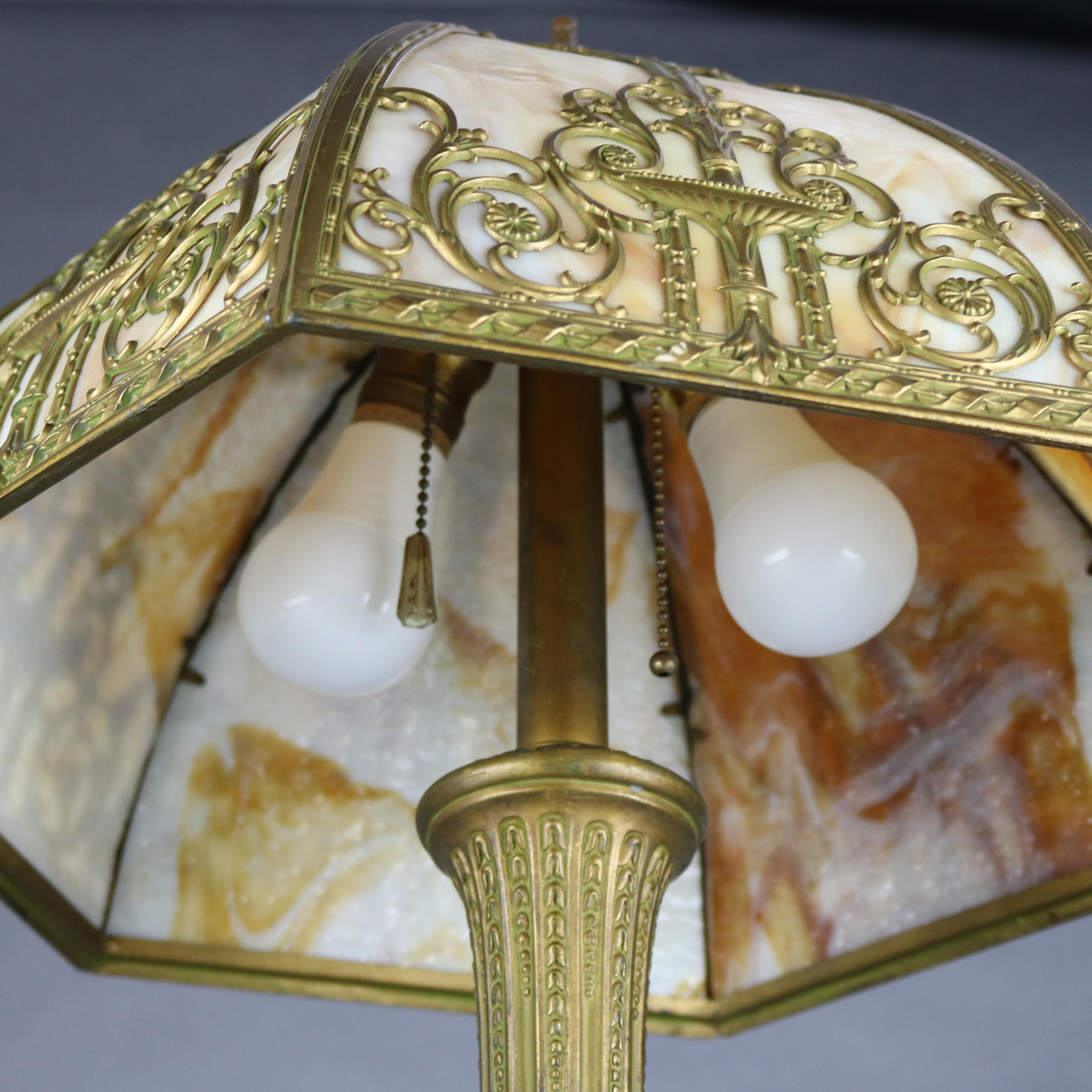 Antique Arts & Crafts Bradley & Hubbard School Filigree Slag Glass Lamp, c1910 In Good Condition In Big Flats, NY