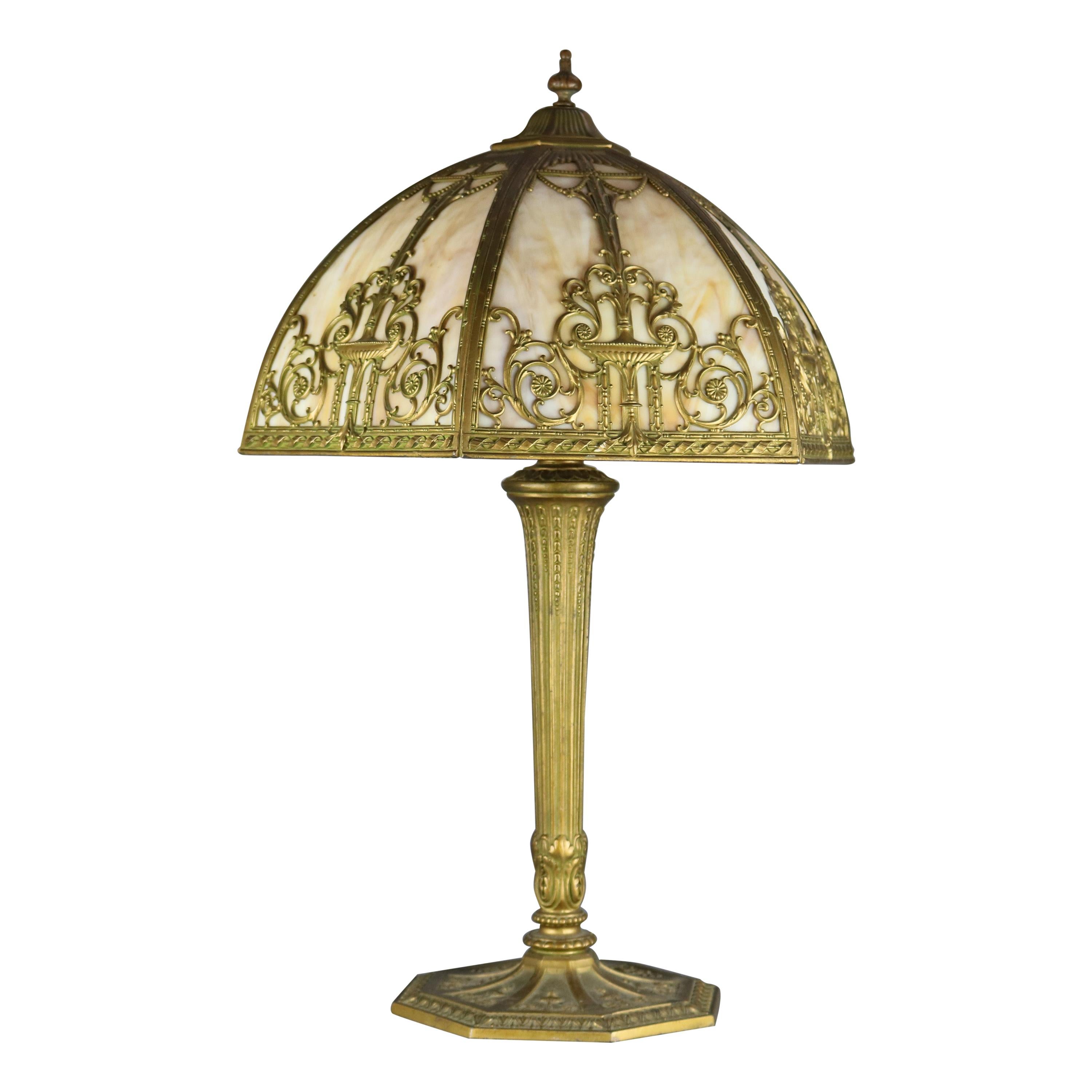 Antique Arts & Crafts Bradley & Hubbard School Filigree Slag Glass Lamp, c1910