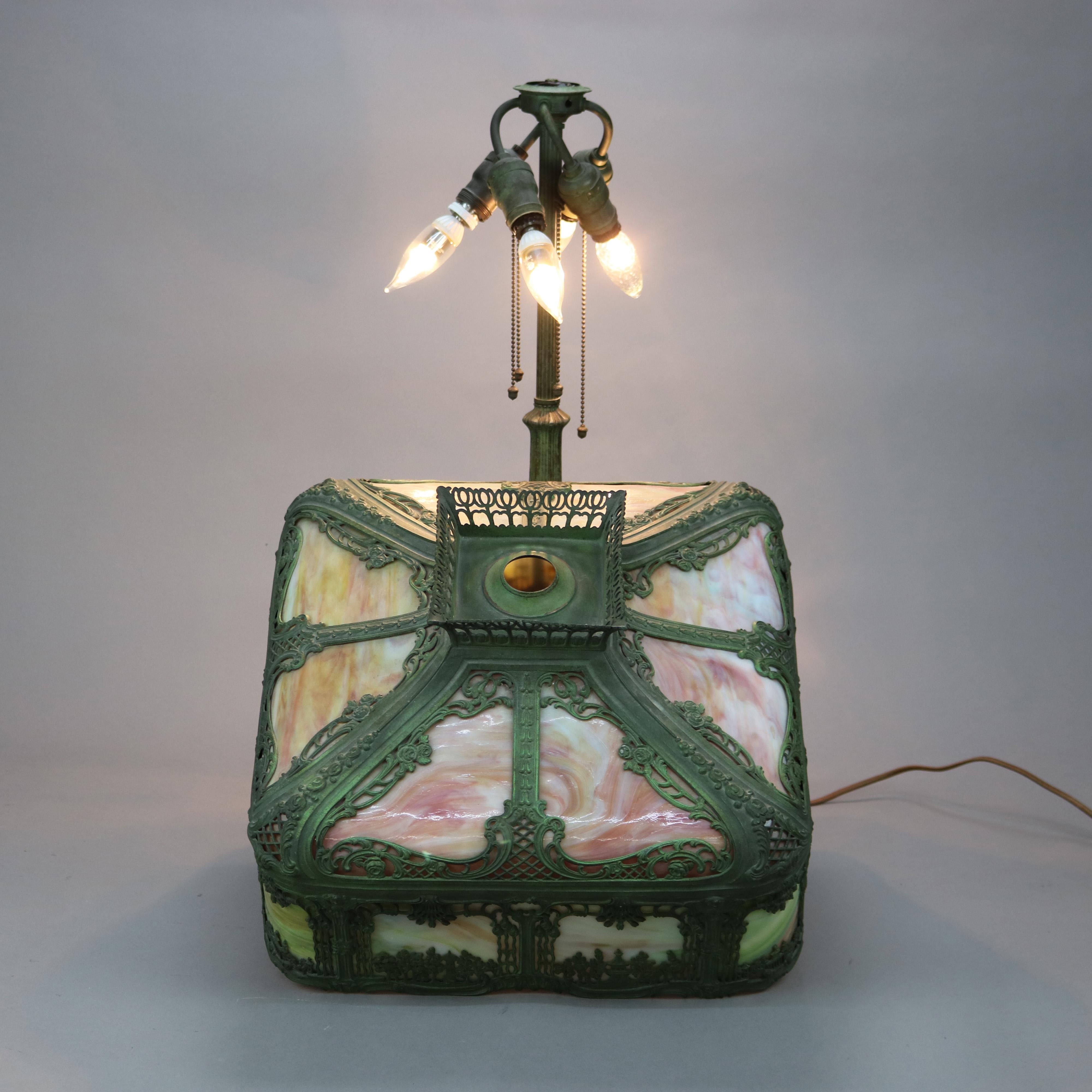 American Antique Arts & Crafts Bradley & Hubbard School Pagoda Slag Glass Lamp c1920