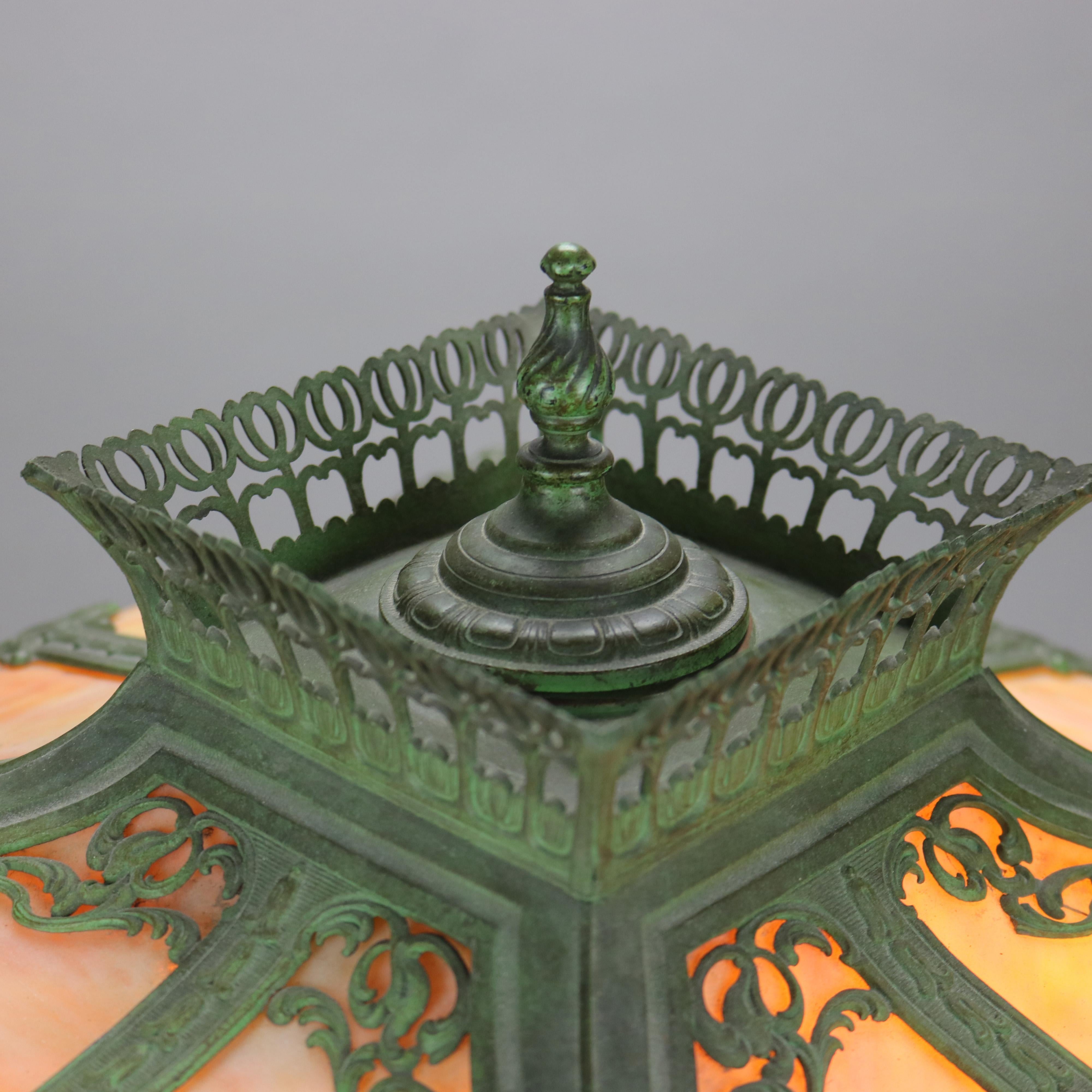 Antique Arts & Crafts Bradley & Hubbard School Pagoda Slag Glass Lamp c1920 In Good Condition In Big Flats, NY