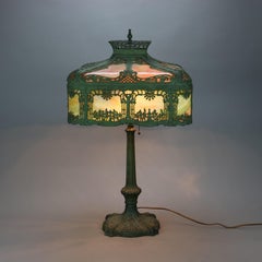 Antique Arts & Crafts Bradley & Hubbard School Pagoda Slag Glass Lamp c1920