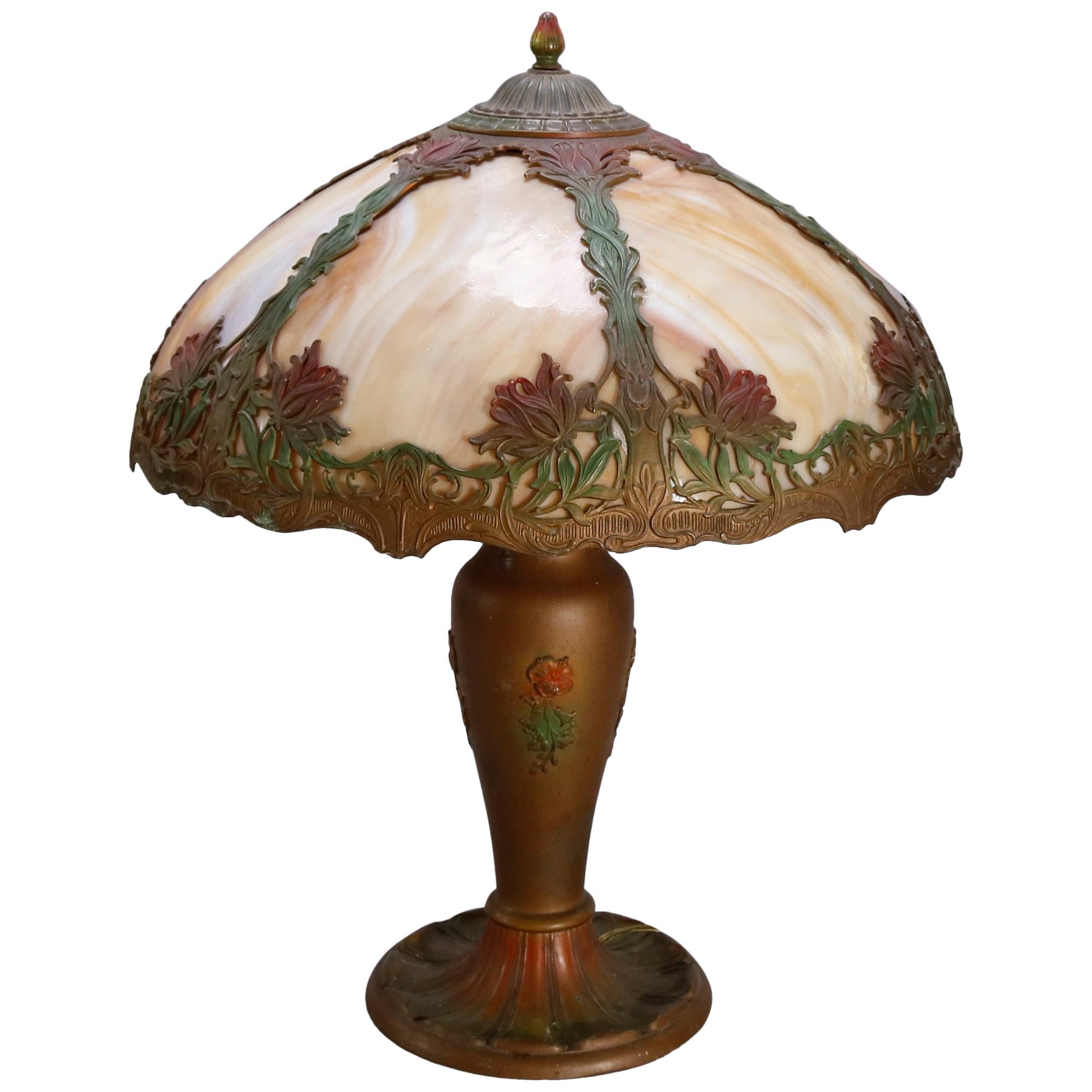 Arts & Crafts Bradley & Hubbard School Polychrome Slag Glass Lamp, circa 1920