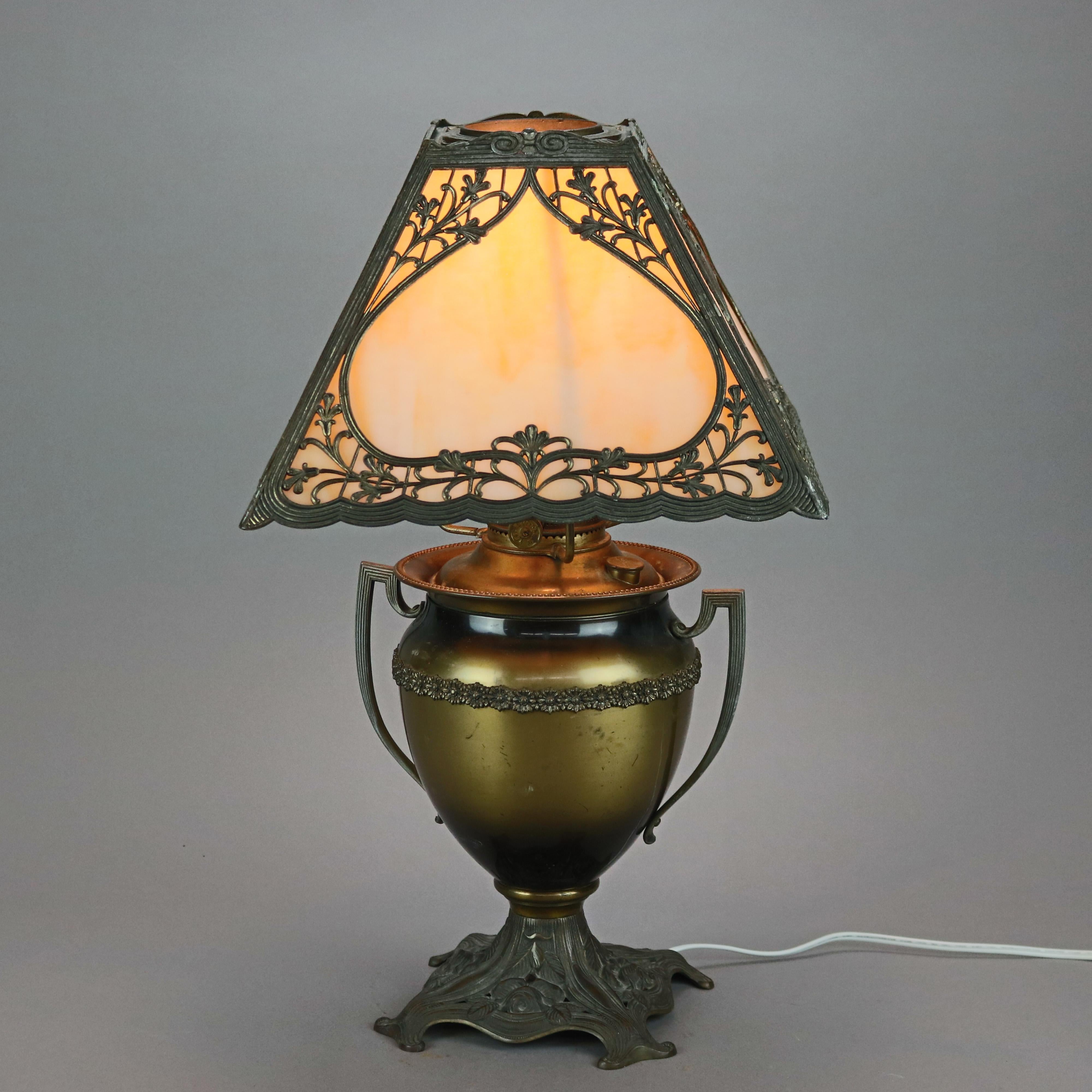 American Antique Arts & Crafts Bradley & Hubbard School Slag Glass Lamp, c1910