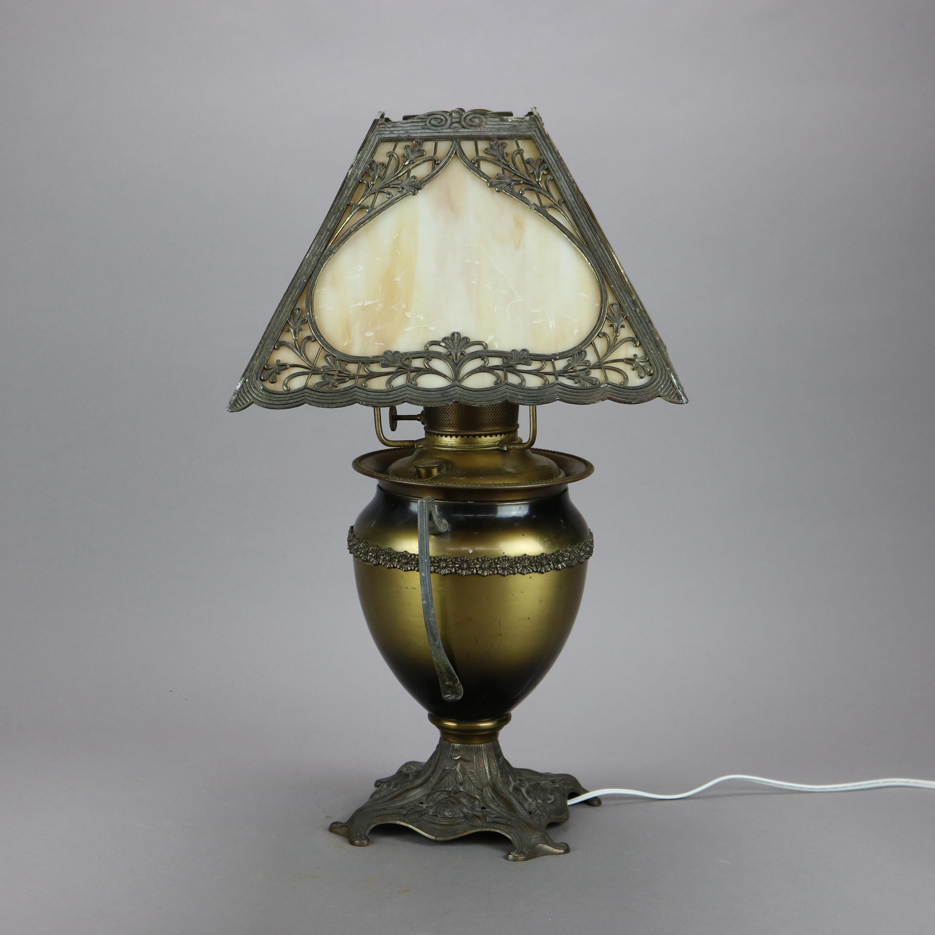 Cast Antique Arts & Crafts Bradley & Hubbard School Slag Glass Lamp, c1910