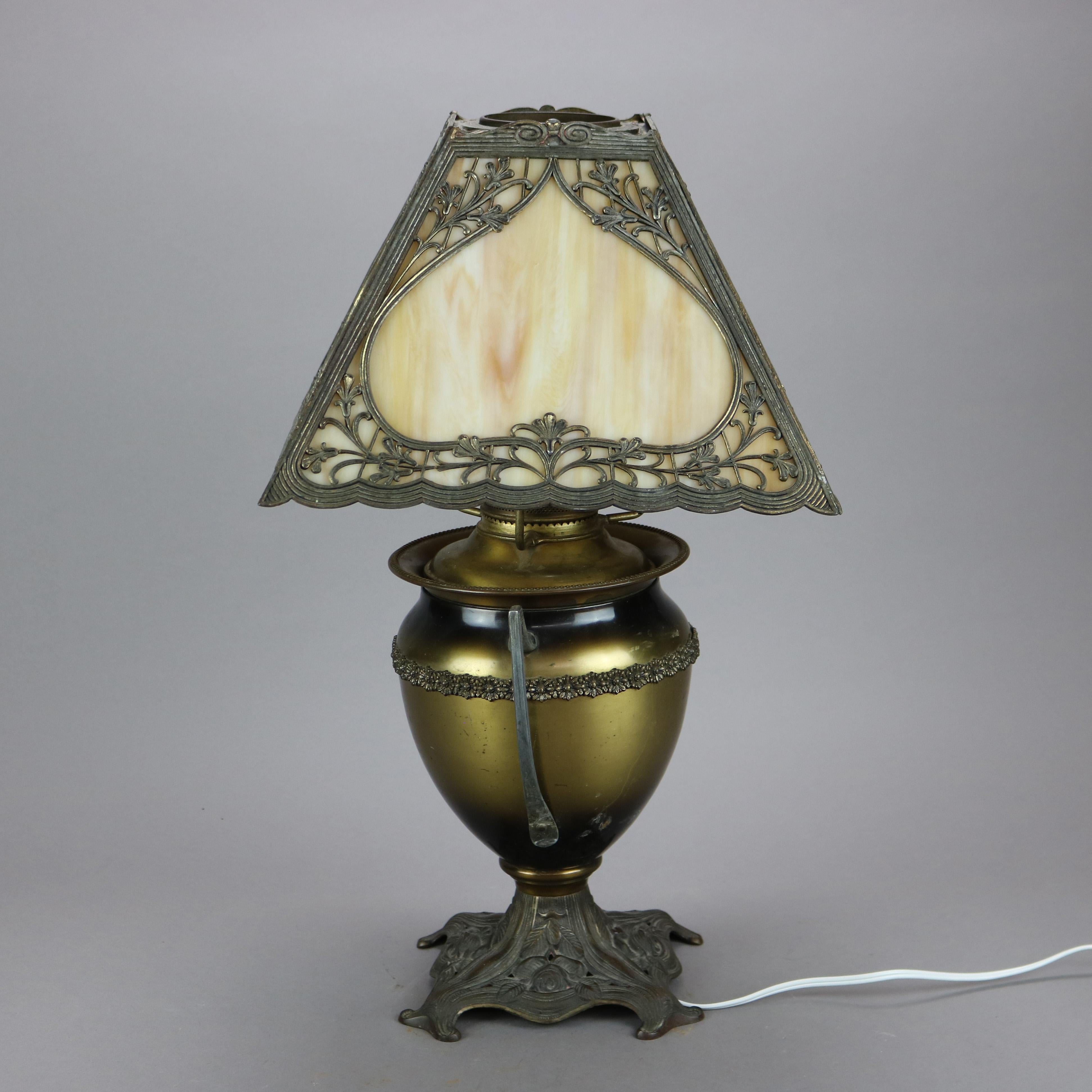 Antique Arts & Crafts Bradley & Hubbard School Slag Glass Lamp, c1910 In Good Condition In Big Flats, NY