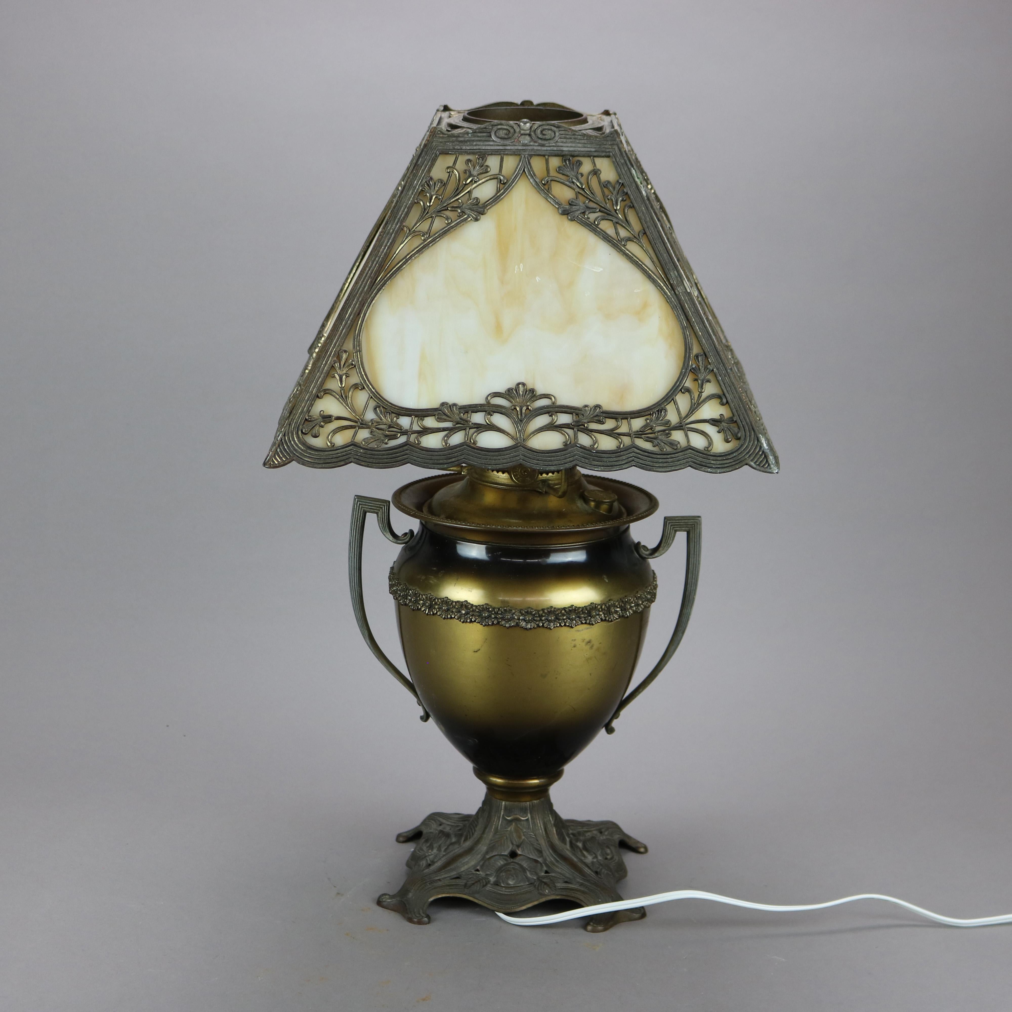 Antique Arts & Crafts Bradley & Hubbard School Slag Glass Lamp, c1910 1