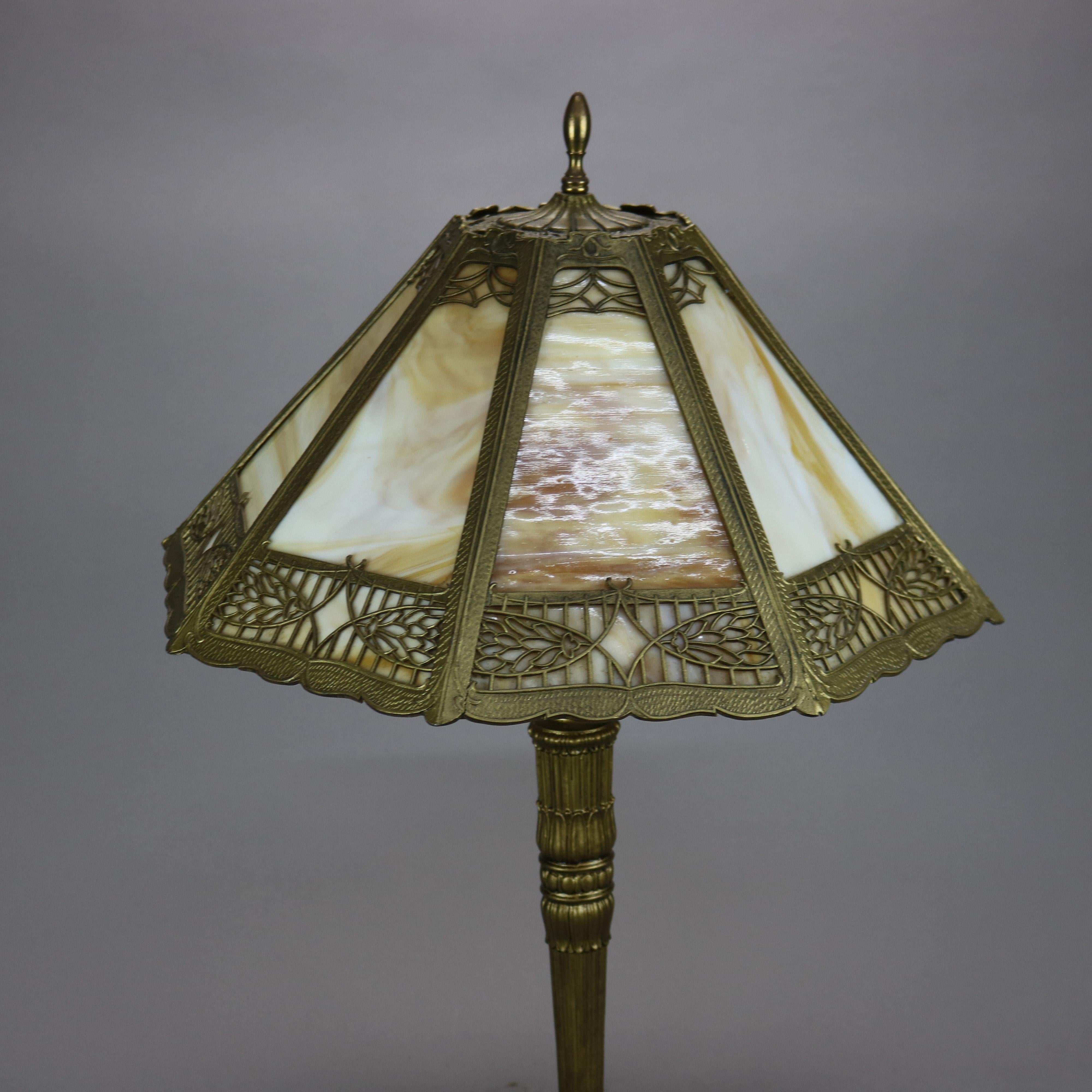 Metal Antique Arts & Crafts Bradley & Hubbard School Slag Glass Lamp c1920
