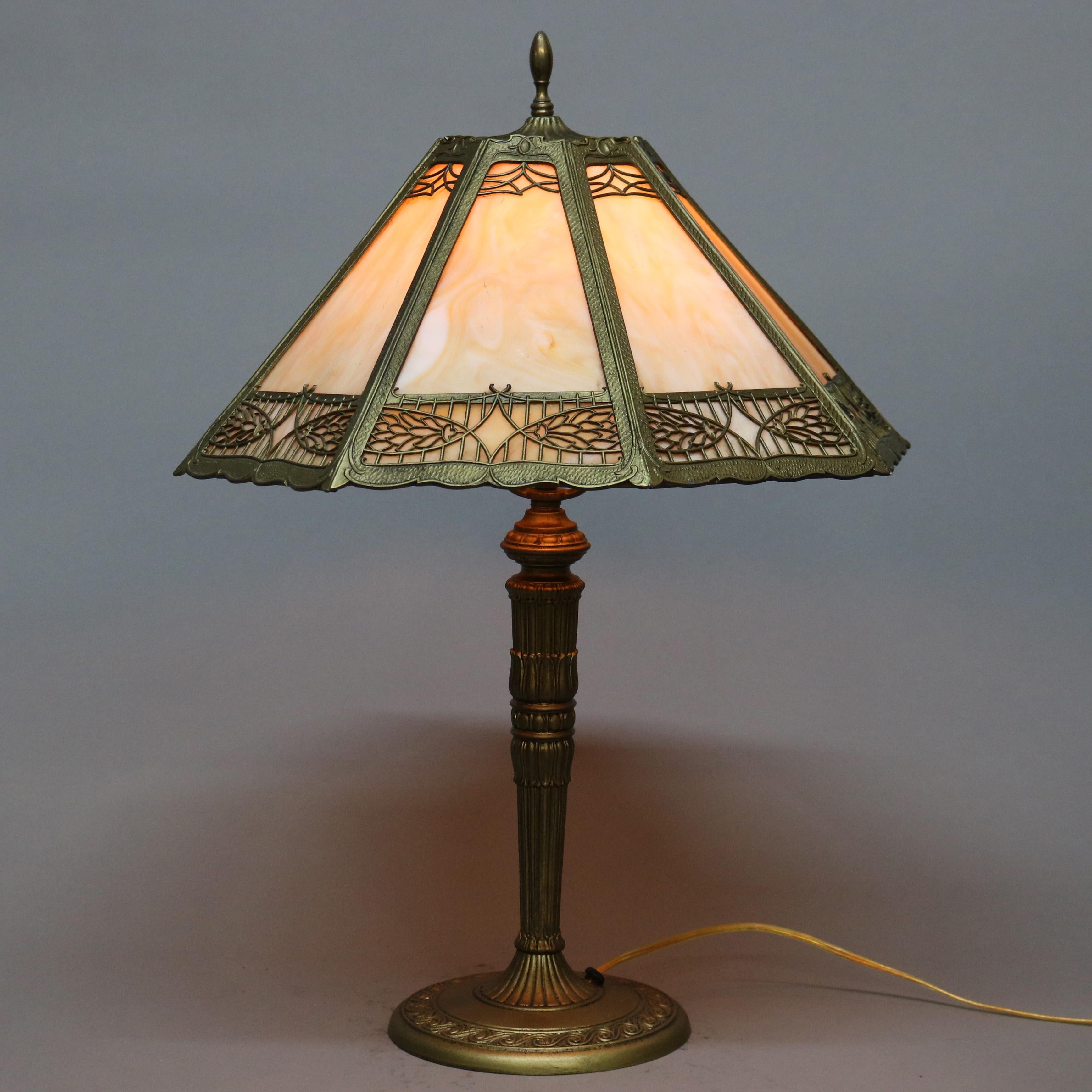 American Antique Arts & Crafts Bradley & Hubbard School Slag Glass Lamp c1920