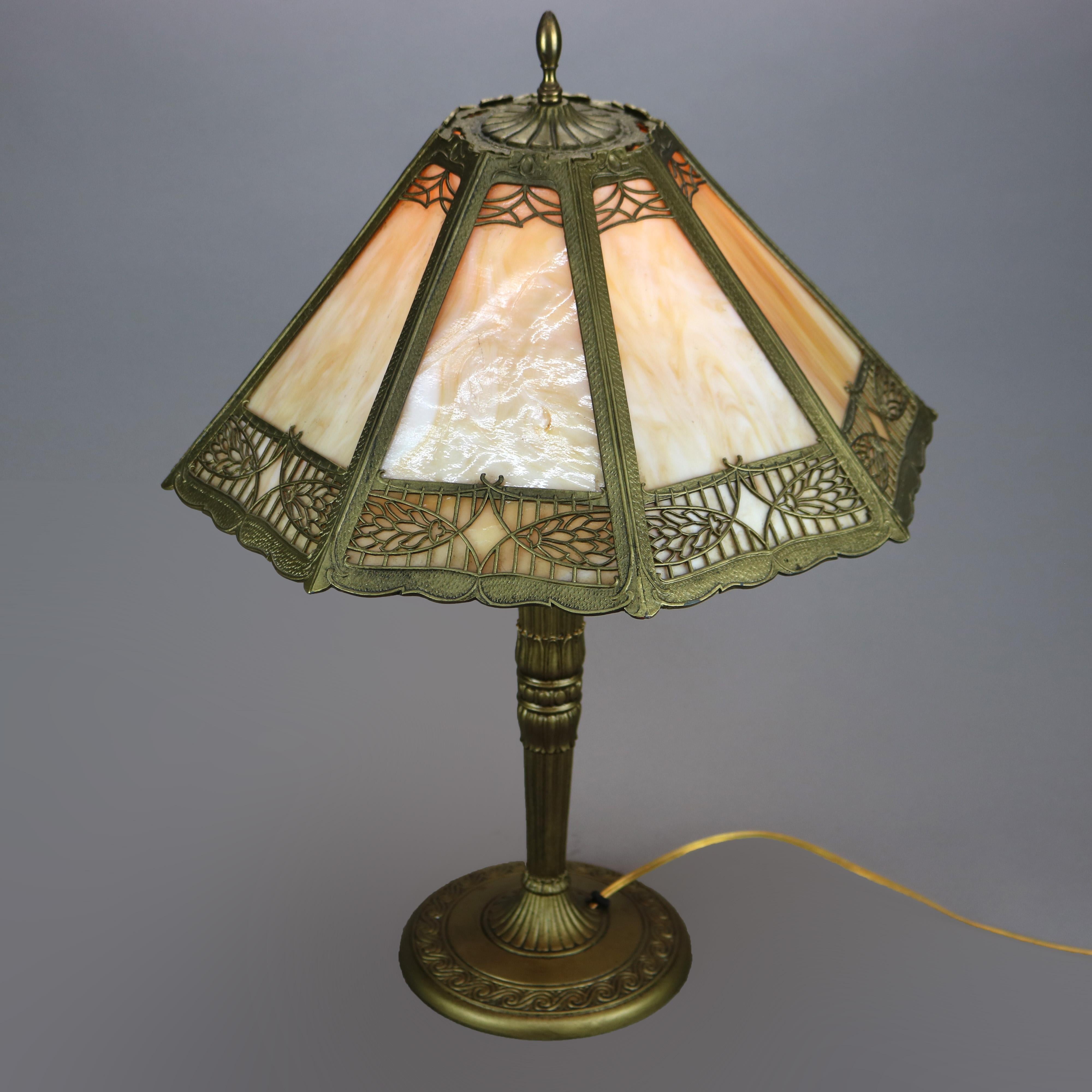 Cast Antique Arts & Crafts Bradley & Hubbard School Slag Glass Lamp c1920