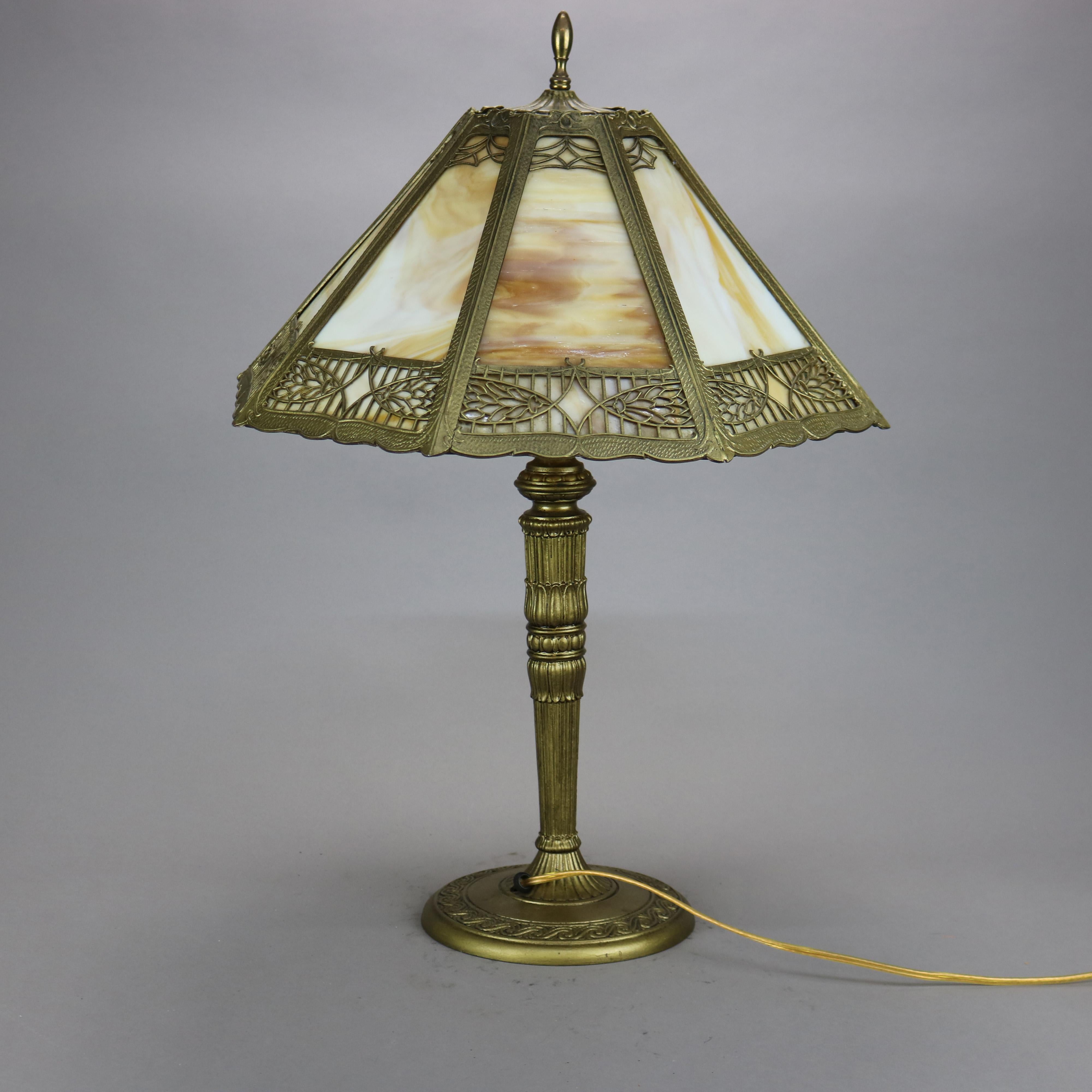 Antique Arts & Crafts Bradley & Hubbard School Slag Glass Lamp c1920 In Good Condition In Big Flats, NY