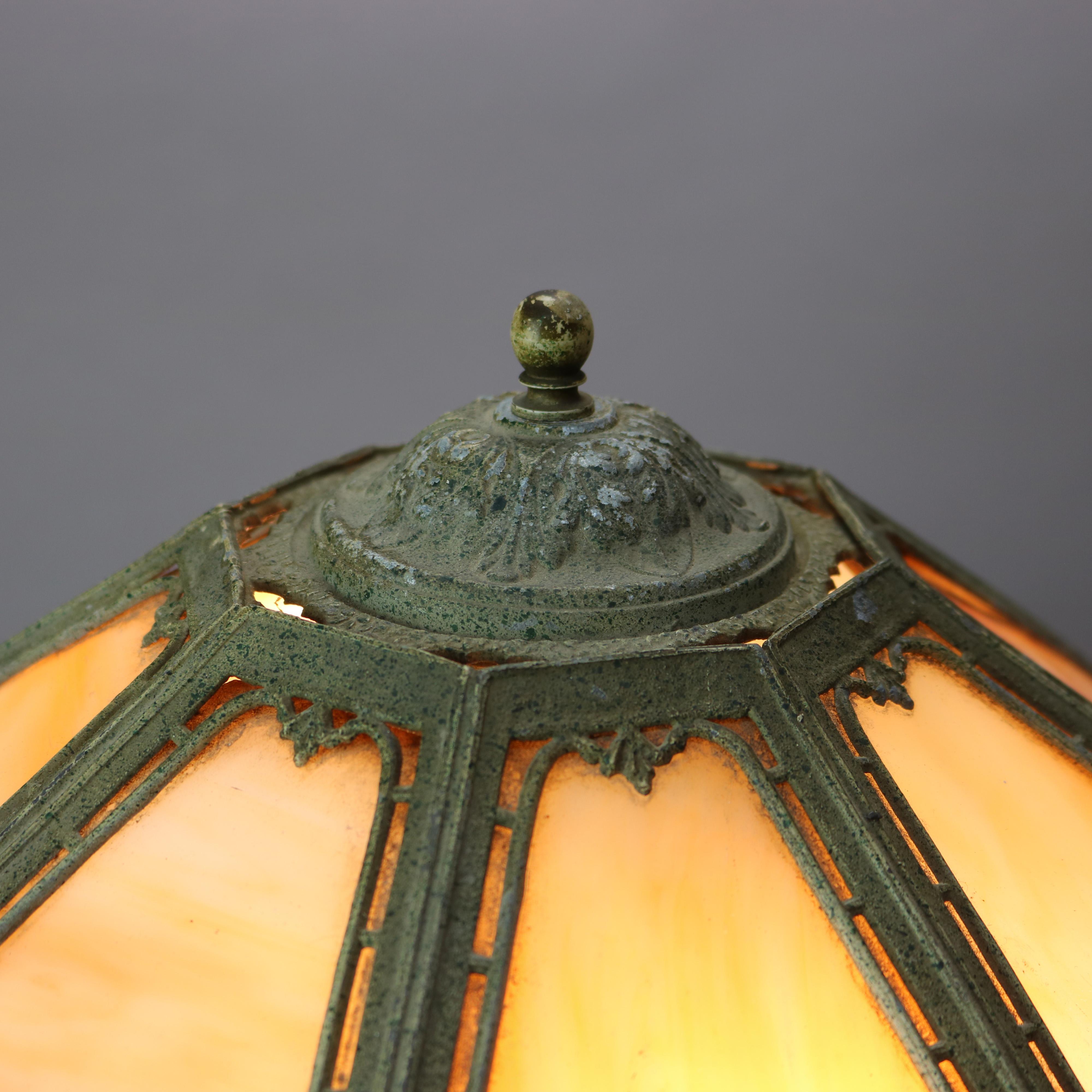 Cast Antique Arts & Crafts Bradley & Hubbard School Slag Glass Lamp, Circa 1920 For Sale