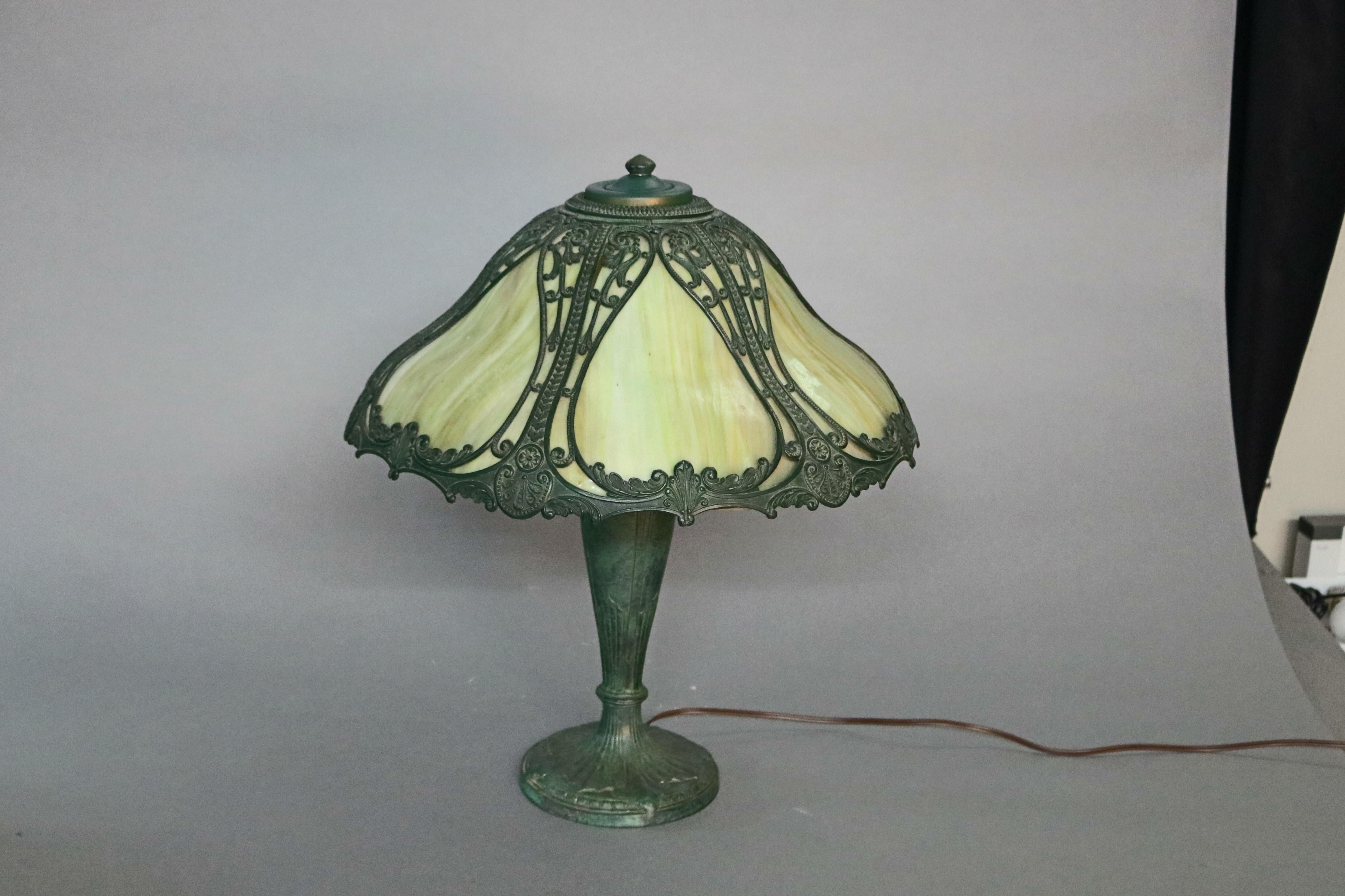 Antique Arts & Crafts Bradley & Hubbard School Slag Glass Panel Lamp, circa 1910 3