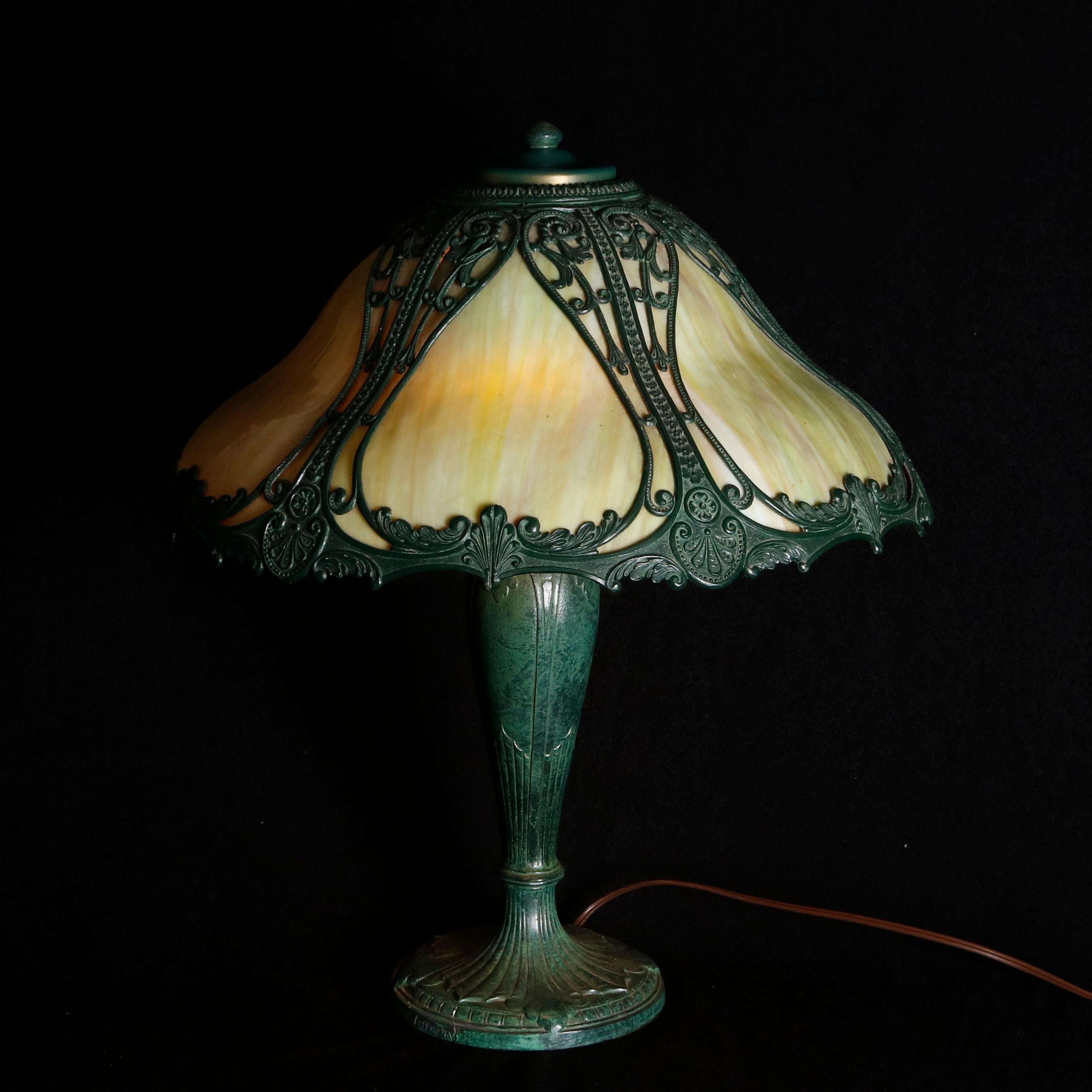 Arts and Crafts Antique Arts & Crafts Bradley & Hubbard School Slag Glass Panel Lamp, circa 1910
