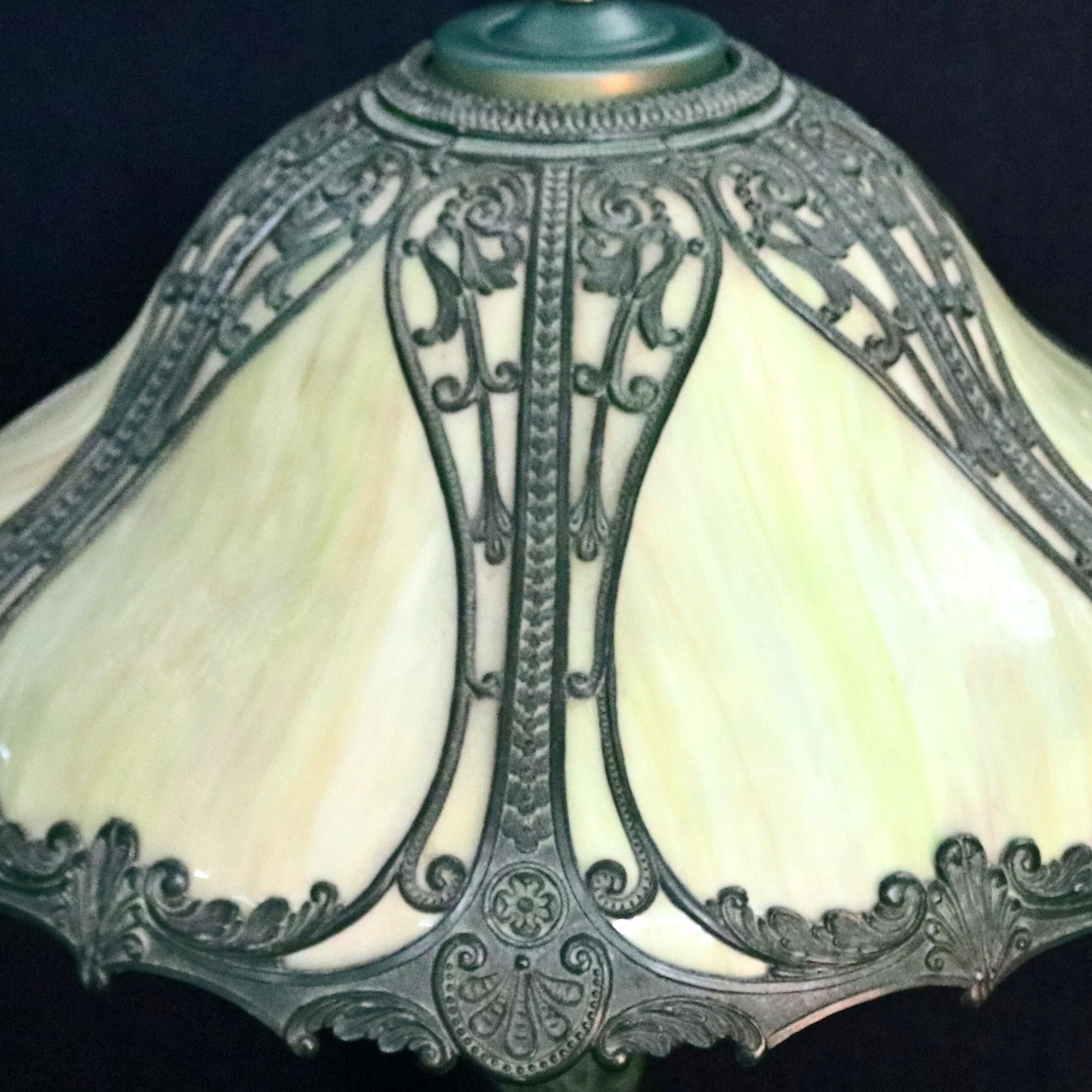 American Antique Arts & Crafts Bradley & Hubbard School Slag Glass Panel Lamp, circa 1910