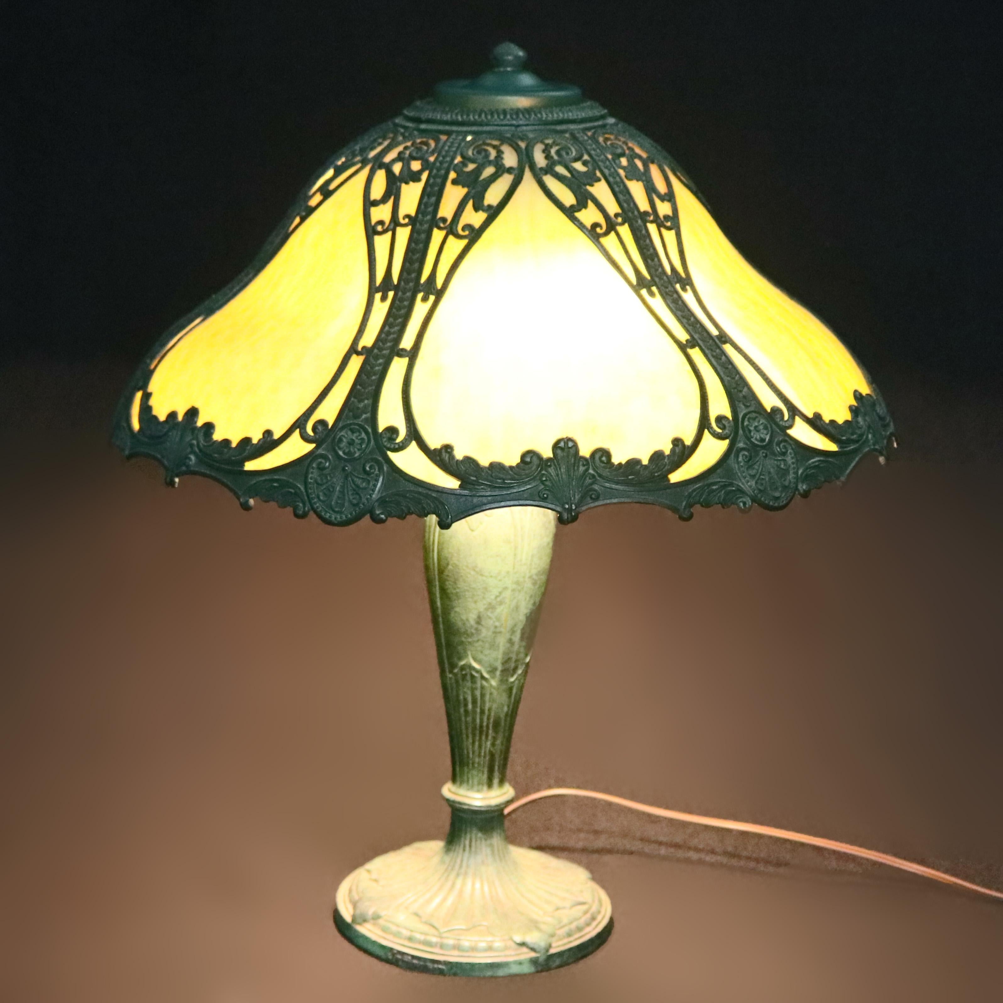 Cast Antique Arts & Crafts Bradley & Hubbard School Slag Glass Panel Lamp, circa 1910