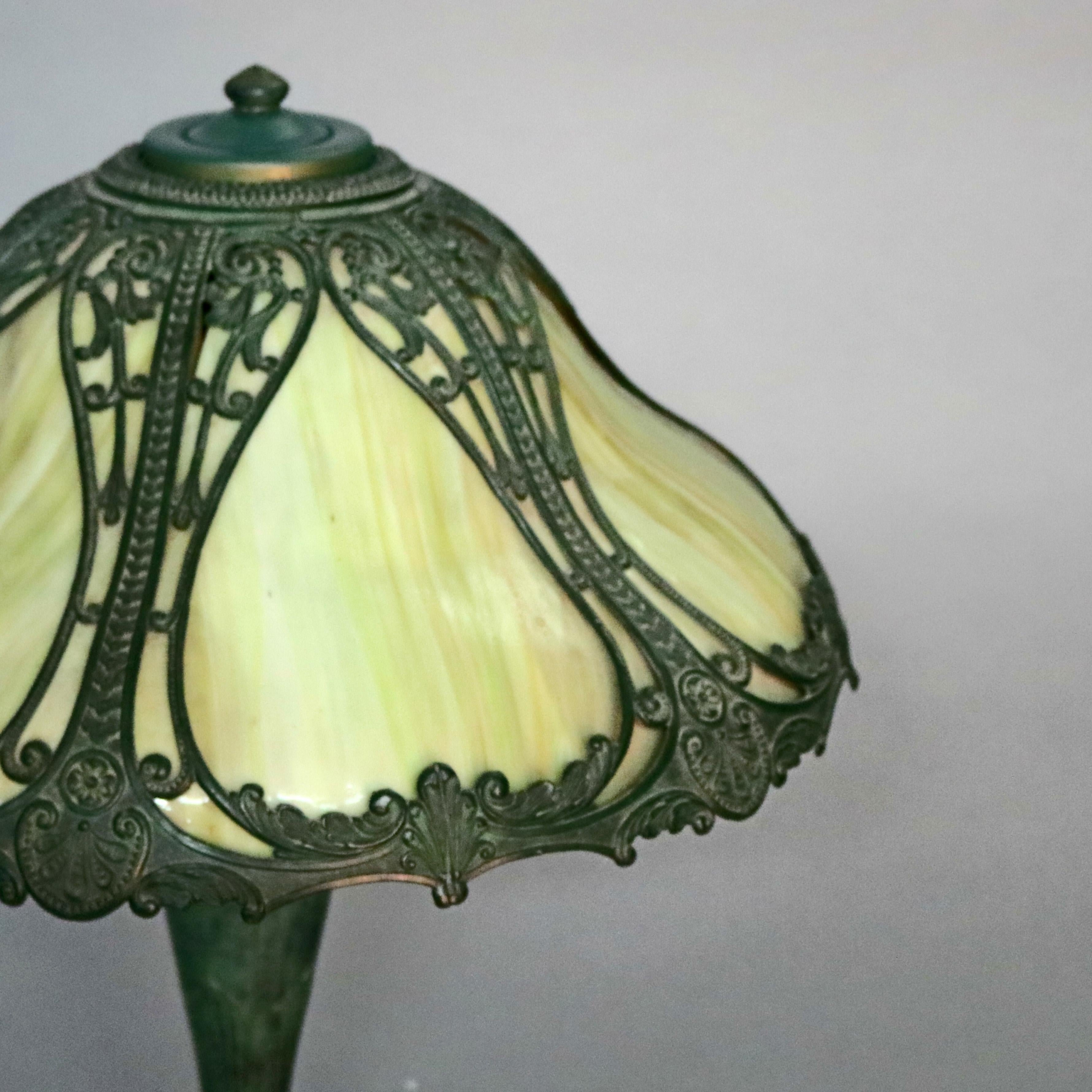 19th Century Antique Arts & Crafts Bradley & Hubbard School Slag Glass Panel Lamp, circa 1910
