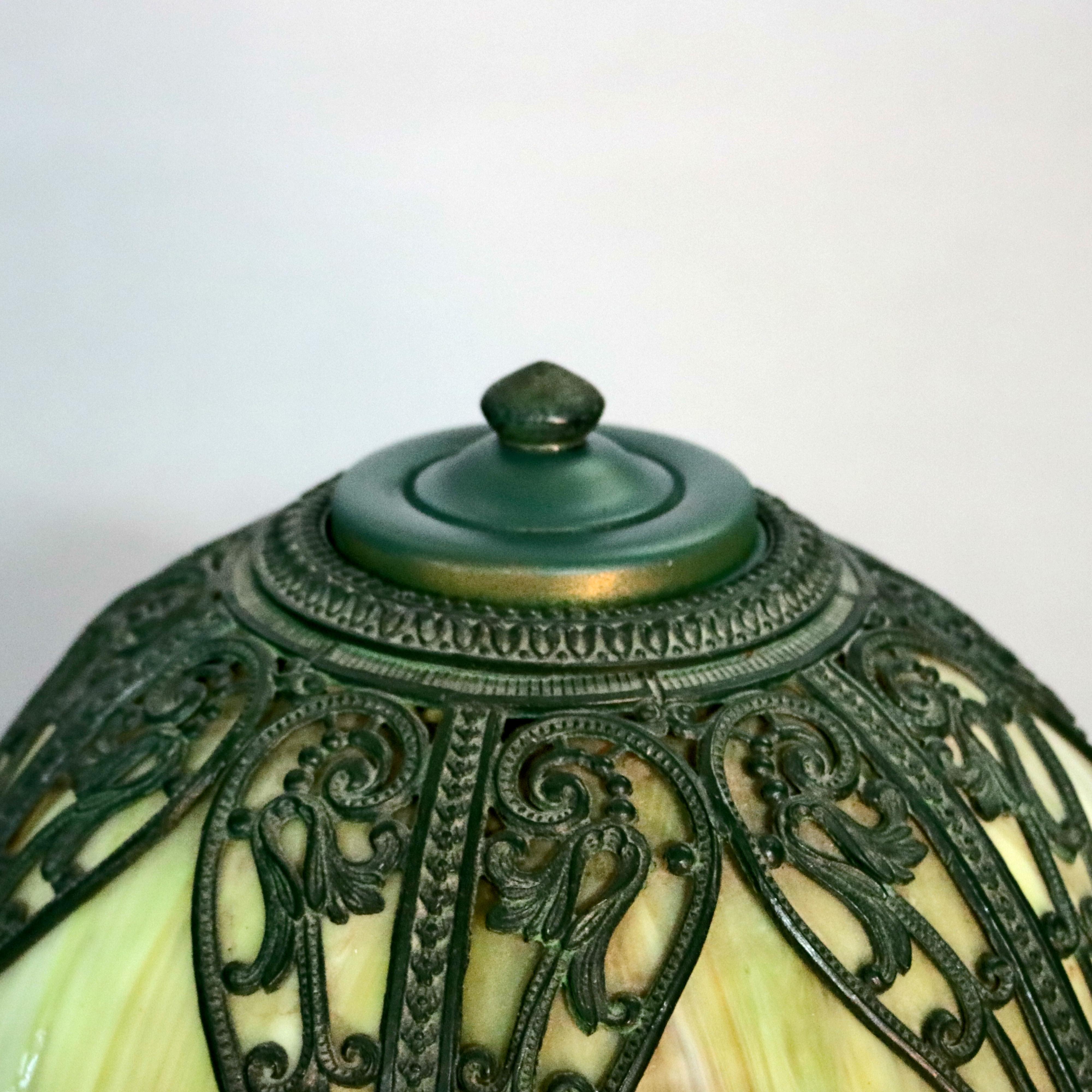 Antique Arts & Crafts Bradley & Hubbard School Slag Glass Panel Lamp, circa 1910 1
