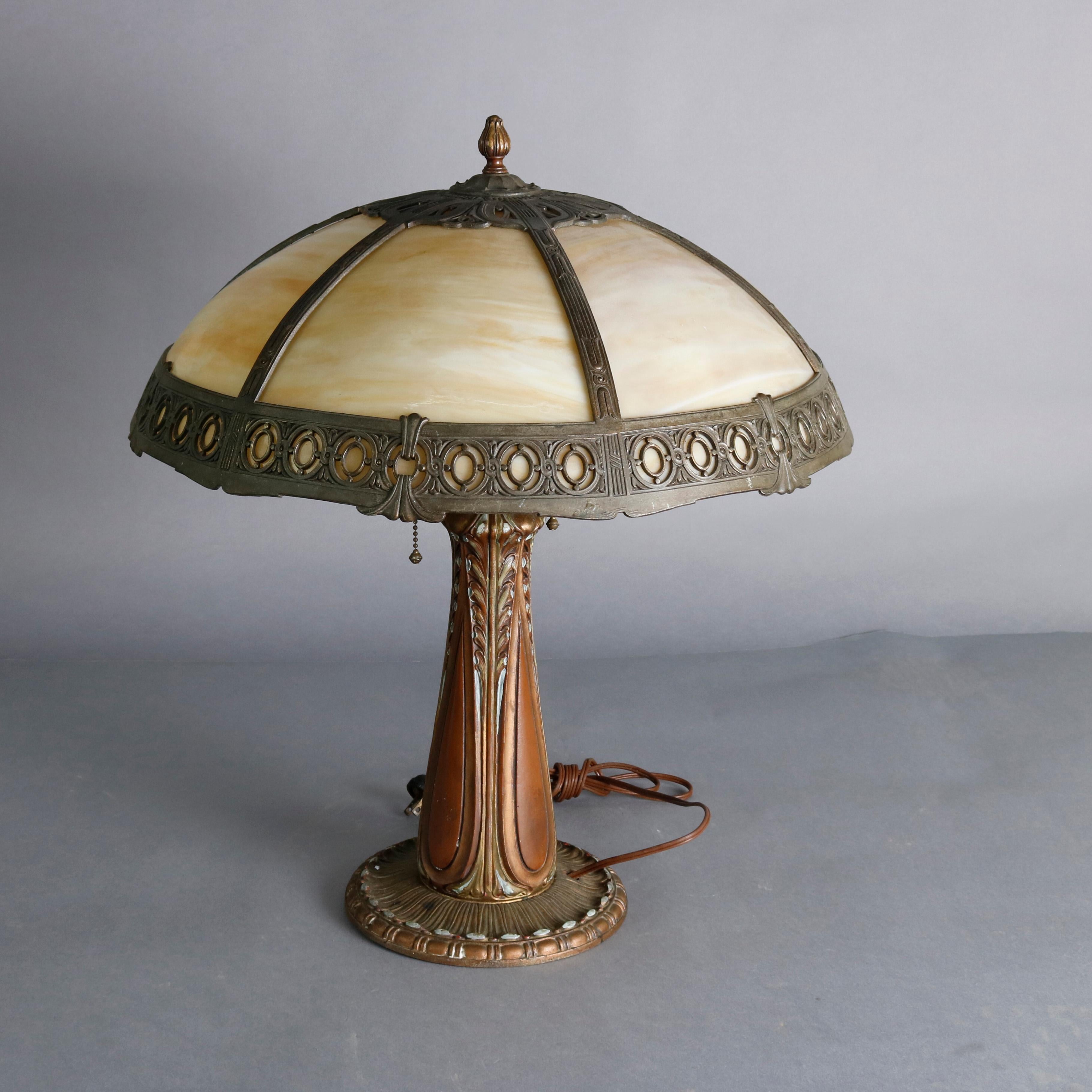 Antique Arts & Crafts Bradley & Hubbard School Slag Glass Panel Lamp, circa 1910 In Good Condition In Big Flats, NY