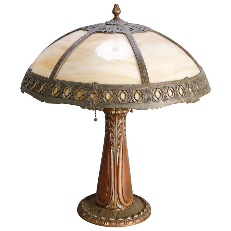 Hubbard School Slag Glass Panel Lamp, Vintage Slag Table Lamp