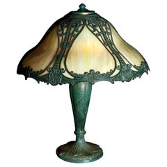 Antique Arts & Crafts Bradley & Hubbard School Slag Glass Panel Lamp, circa 1910