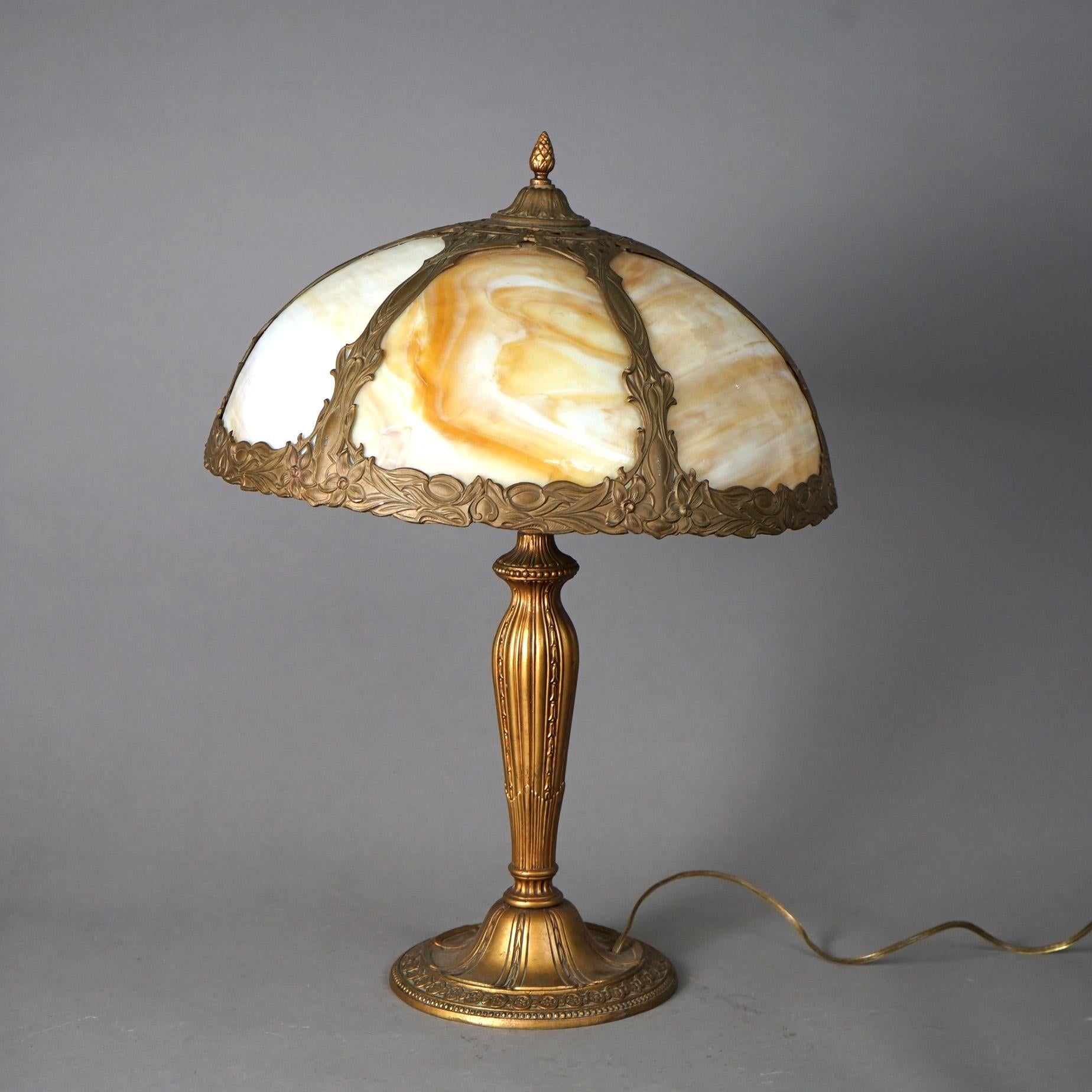 Antique Arts & Crafts Bradley & Hubbard School Slag Glass Table Lamp c1920 For Sale 1