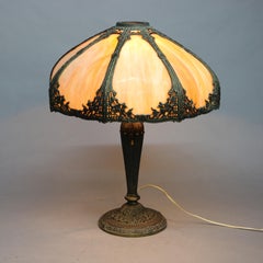 Antique Arts & Crafts Bradley & Hubbard School Slag Glass Table Lamp, c1920