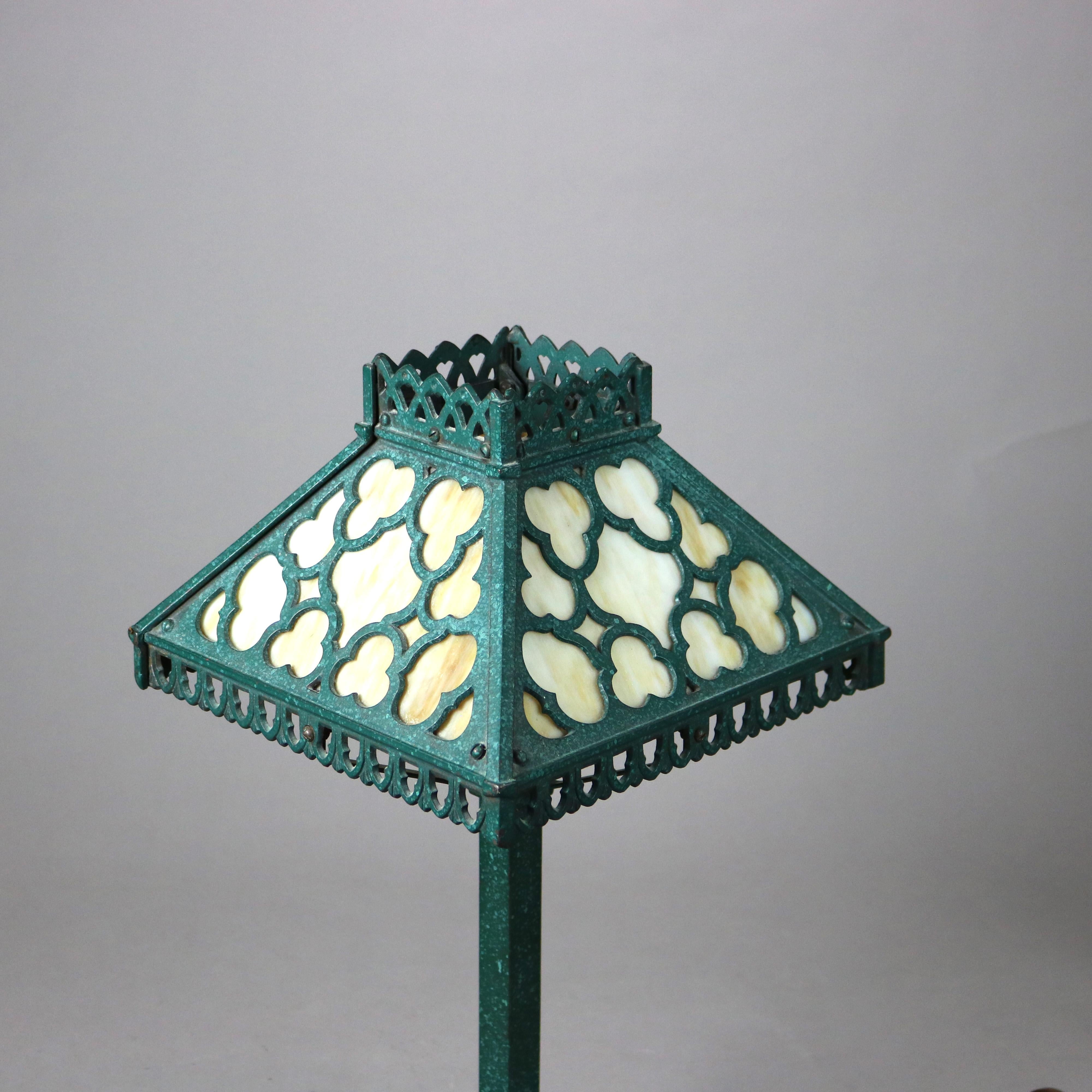 Antique Arts & Crafts Slag Glass Verdigris Frame Table Lamp in the manner of Bradley & Hubbard C1920

Measures - 20.5