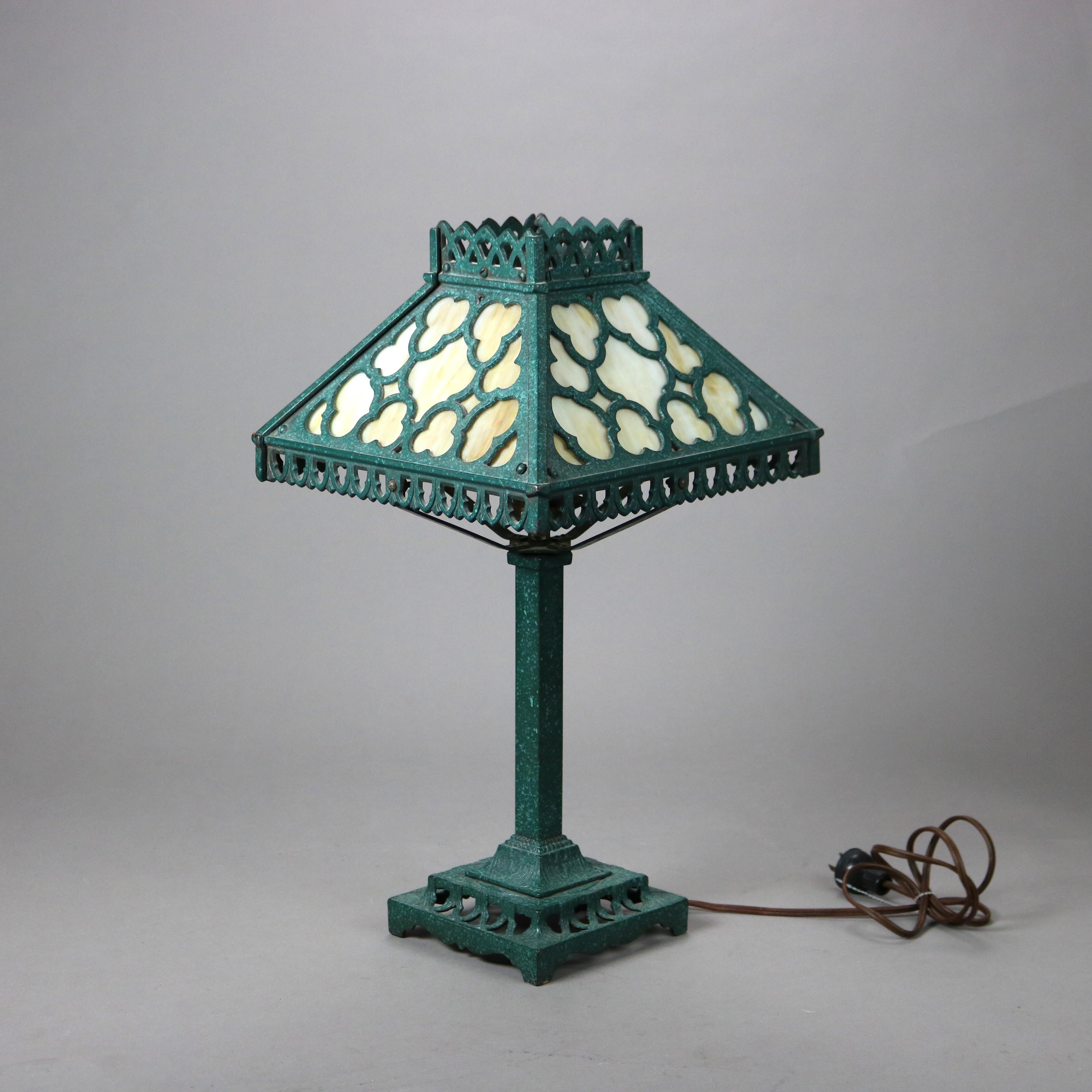 American Antique Arts &Crafts Bradley & Hubbard School Slag Glass Table Lamp C1920
